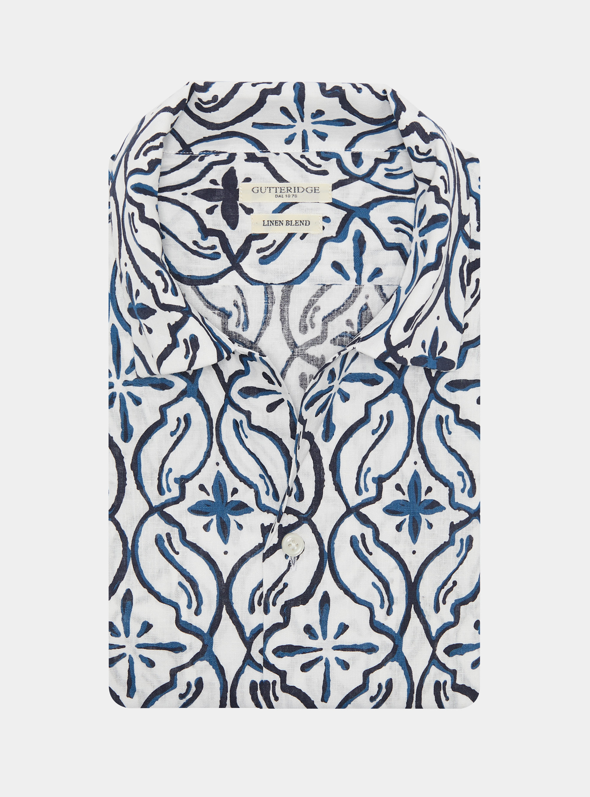 Bowling shirt in linen and printed cotton, NAVY BLUE