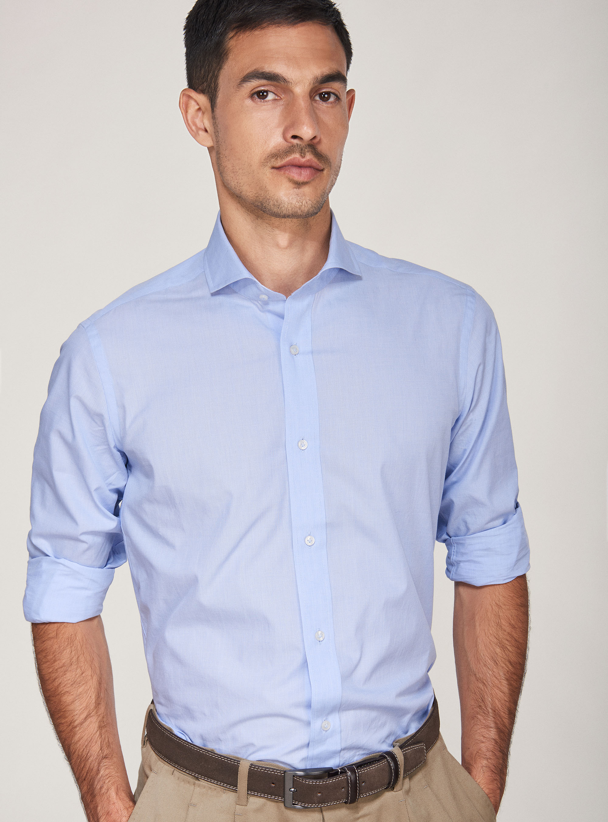 Cotton fil a fil French collar shirt, LIGHT BLUE