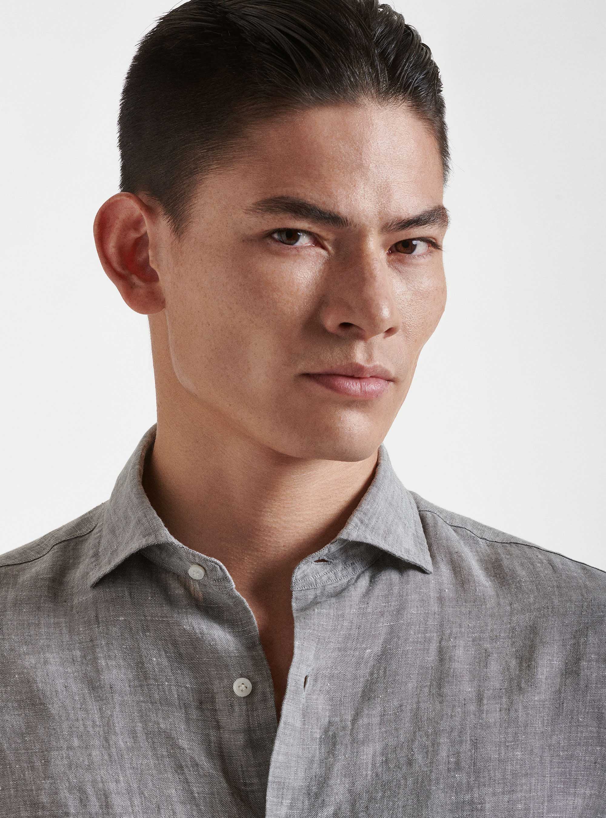 Camisa de lino puro con cuello semifranc&eacute;s, GRIS CLARO JASPEADO