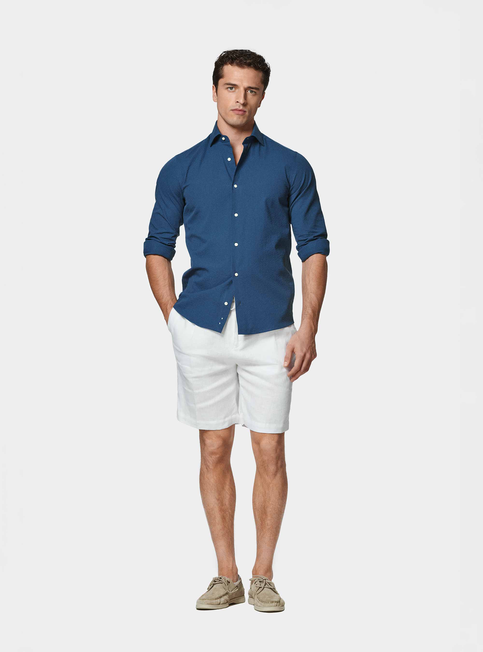 Camicia in puro cotone seersucker, 0243C DENIM
