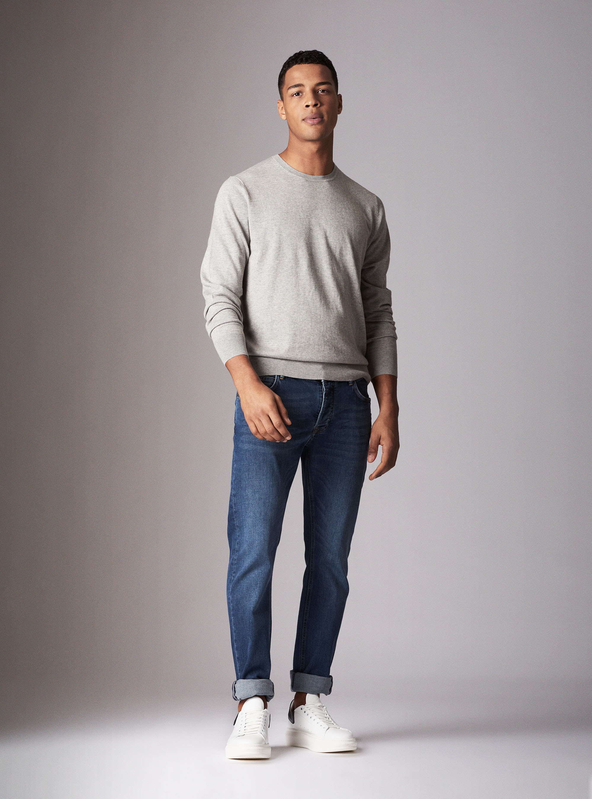 Maglia girocollo basica in cotone seta e cashmere, GRIGIO CHIARO MELANGE