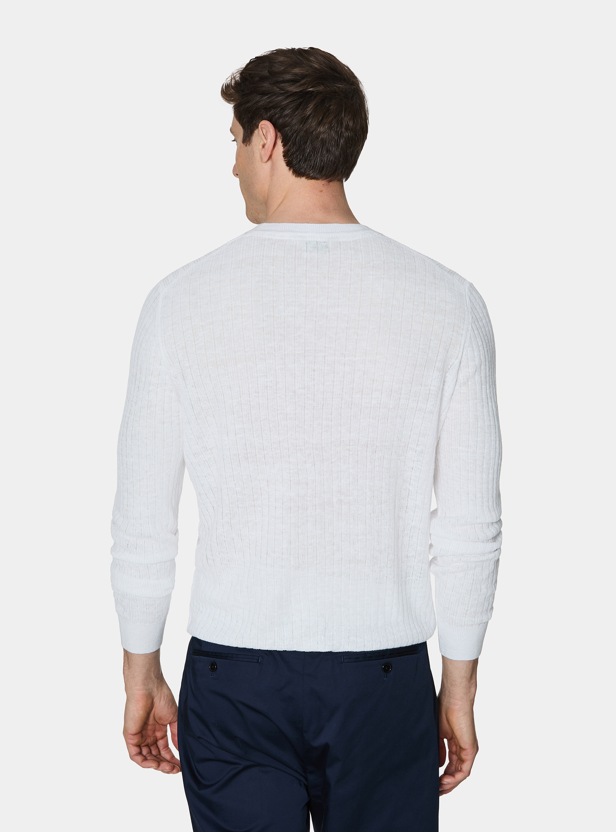Punto cuello redondo acanalado de puro lino, BLANCO