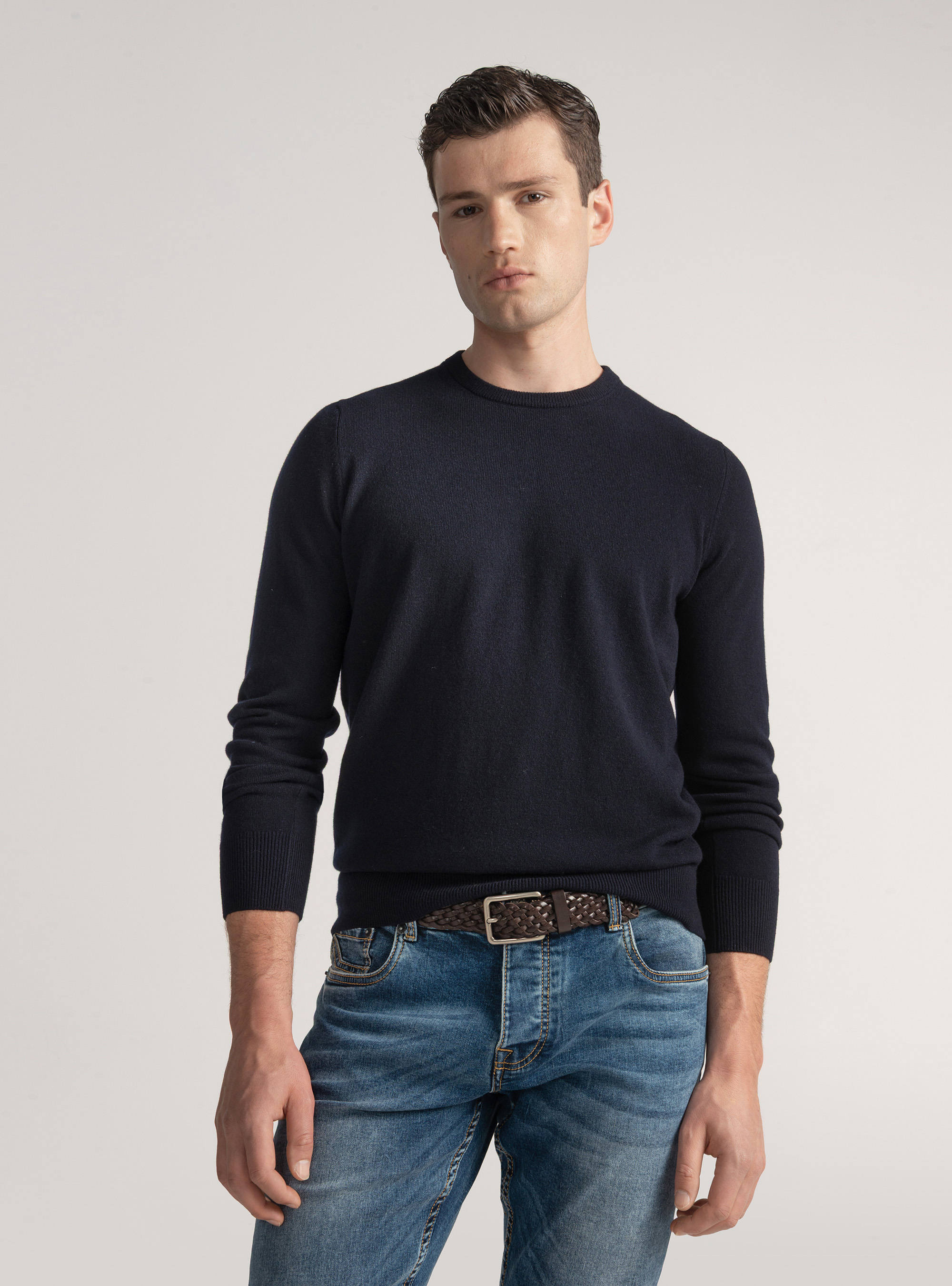 Maglia girocollo in lana lambswool e cashmere, BLU NAVY