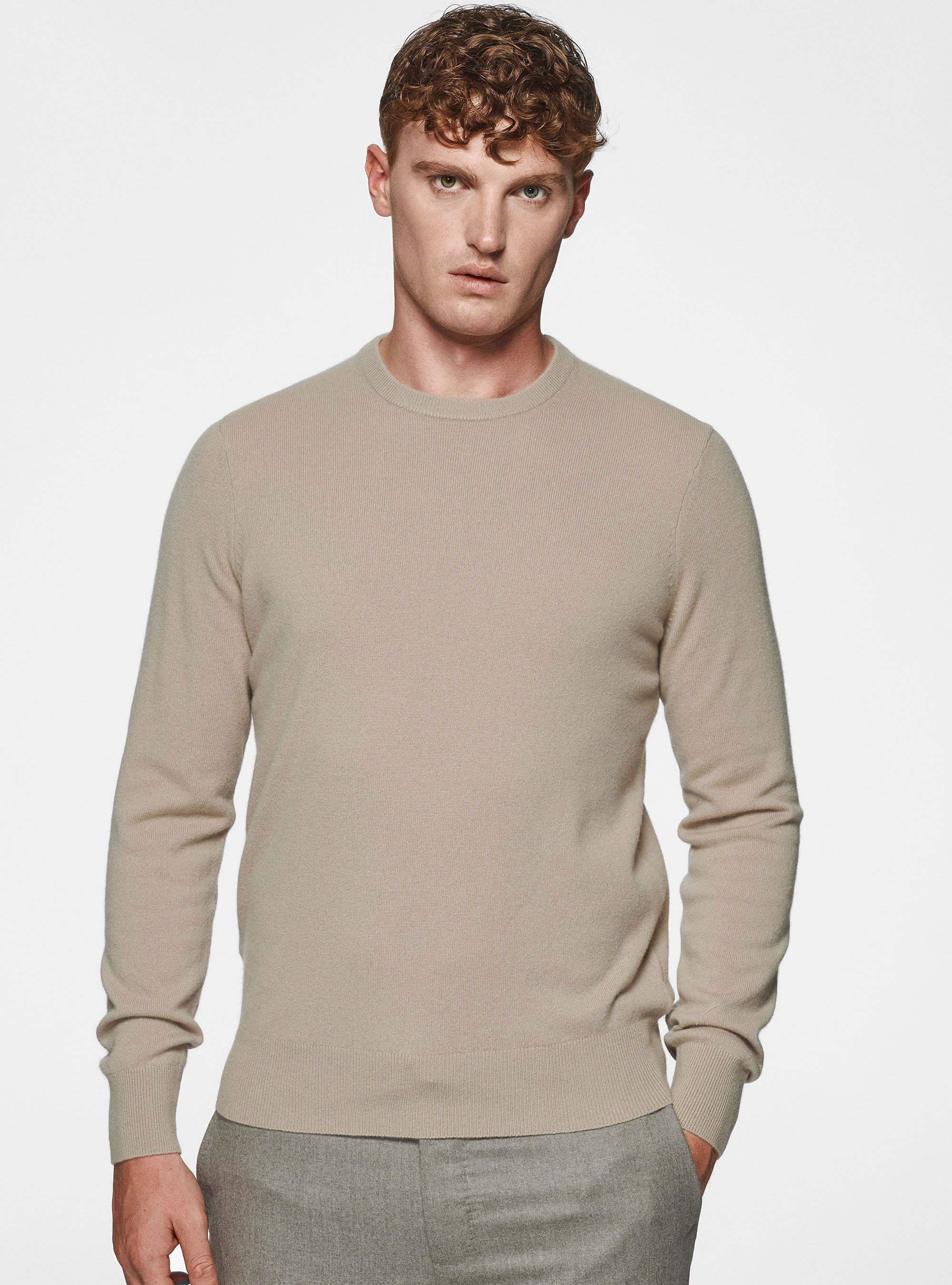 Maglia girocollo in lambswool e cashmere, SABBIA