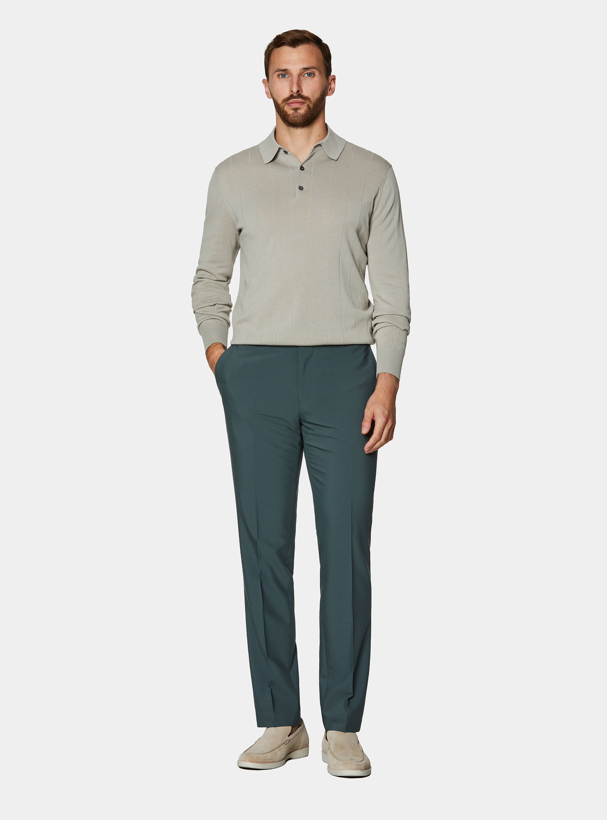 Long-sleeved knit polo shirt, SAND