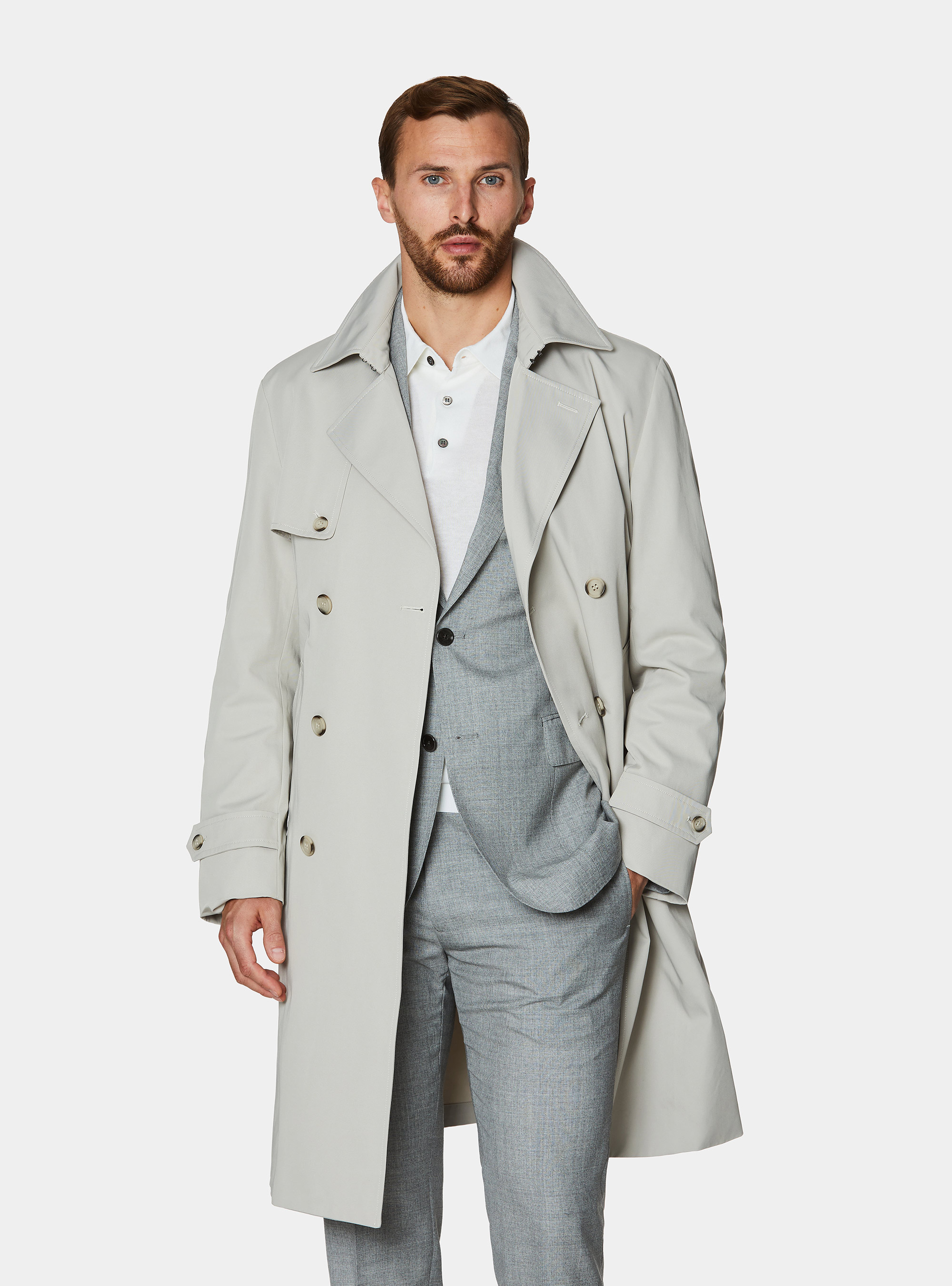 Double-breasted trench coat in cotton twill, ECRU