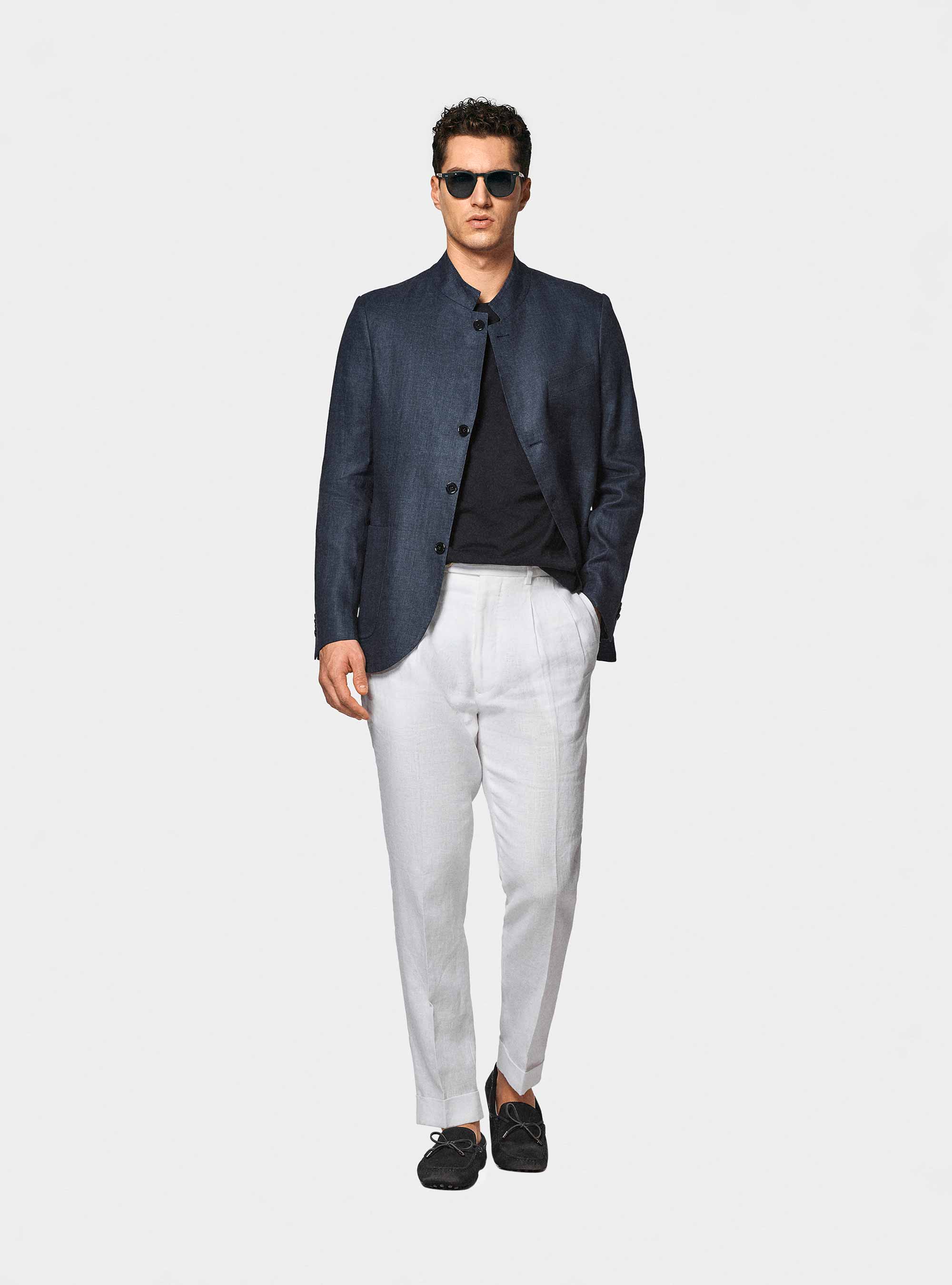 Korean blazer in pure herringbone linen, NAVY BLUE
