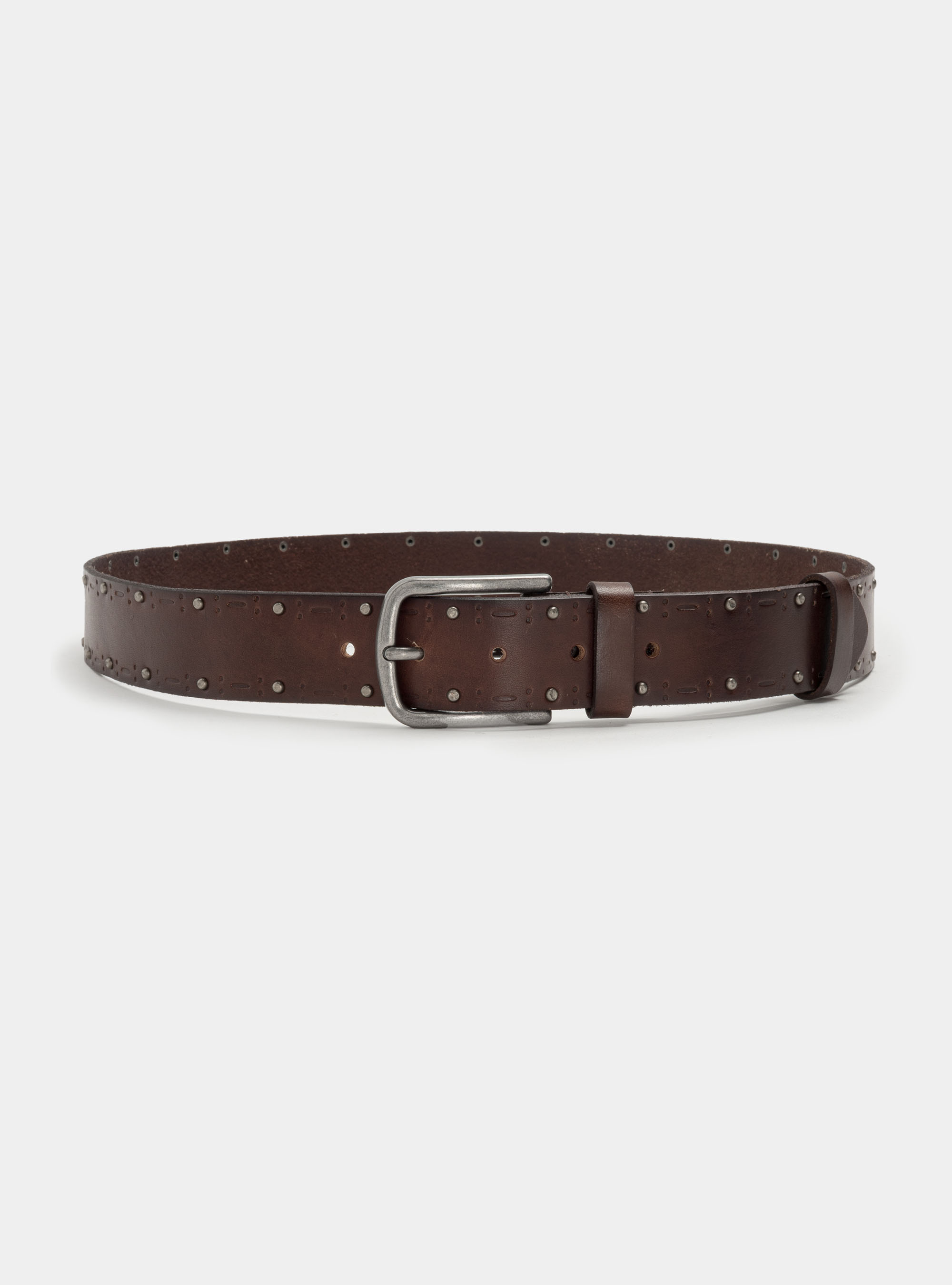 Perforated leather belt with studs, BROWN