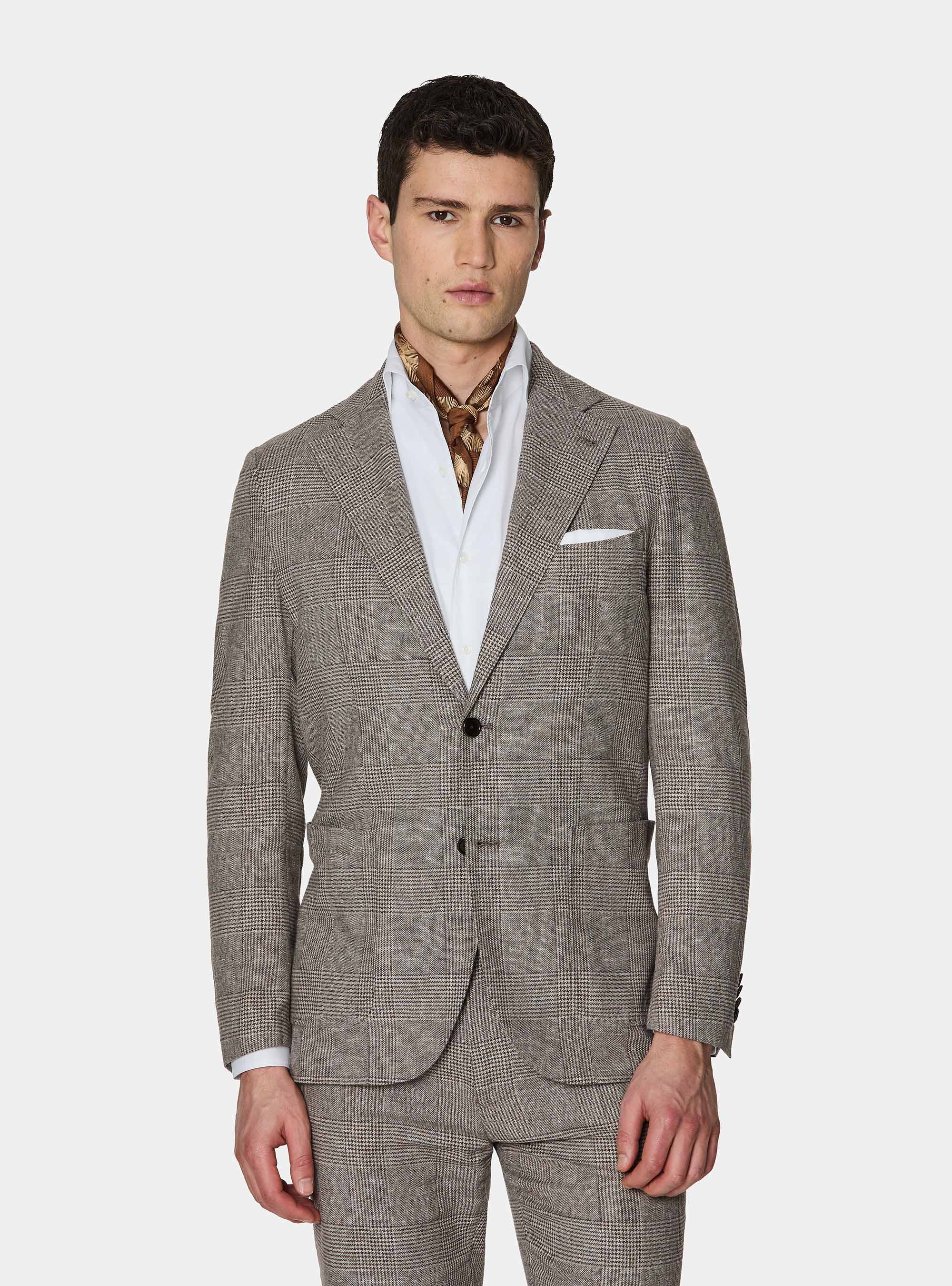 Prince of Wales blazer in linen and cotton, BROWN