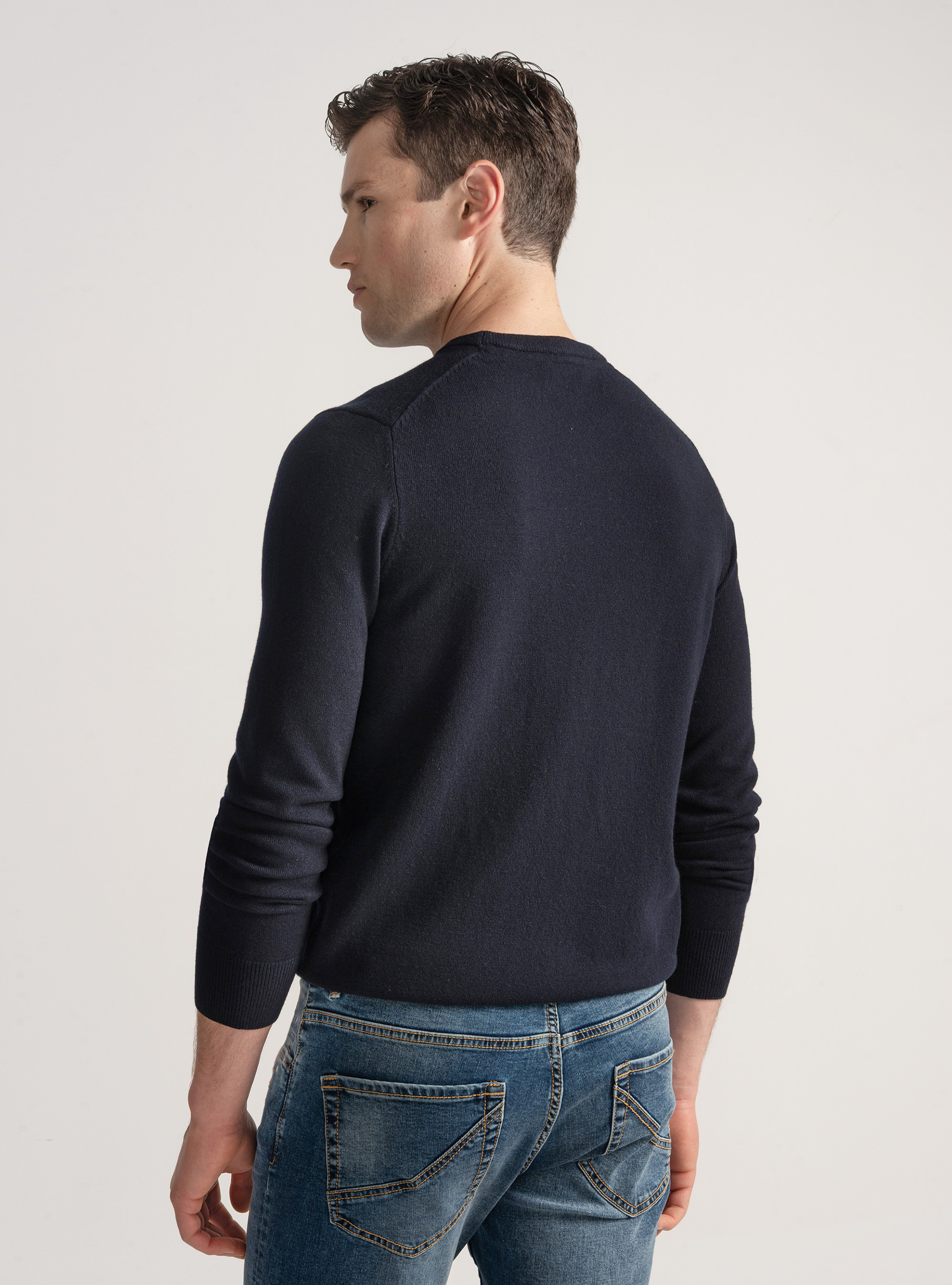 Maglia girocollo in lana lambswool e cashmere, BLU NAVY