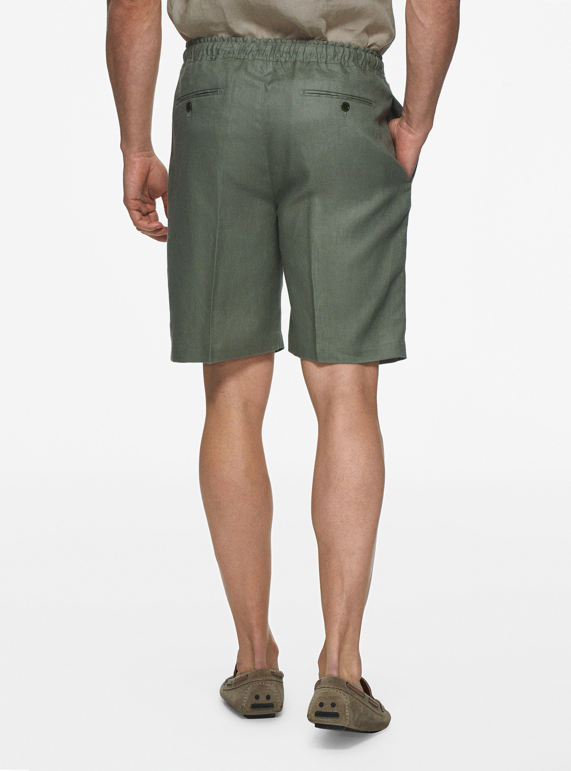 Linen Bermuda shorts with elastic and drawstring, SALVIA 0602C