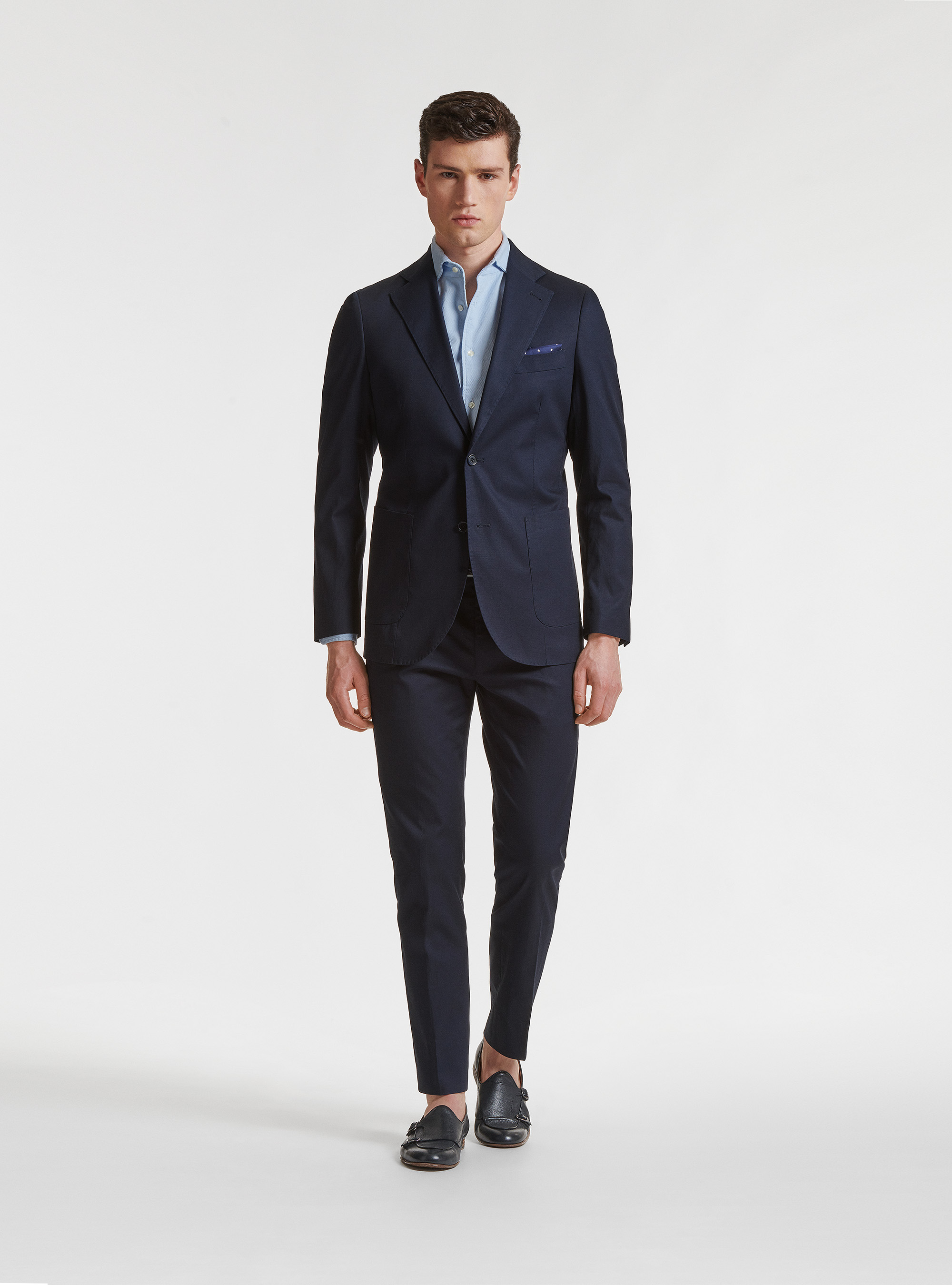 Veste de costume en coton blind&eacute;, BLEU MARINE