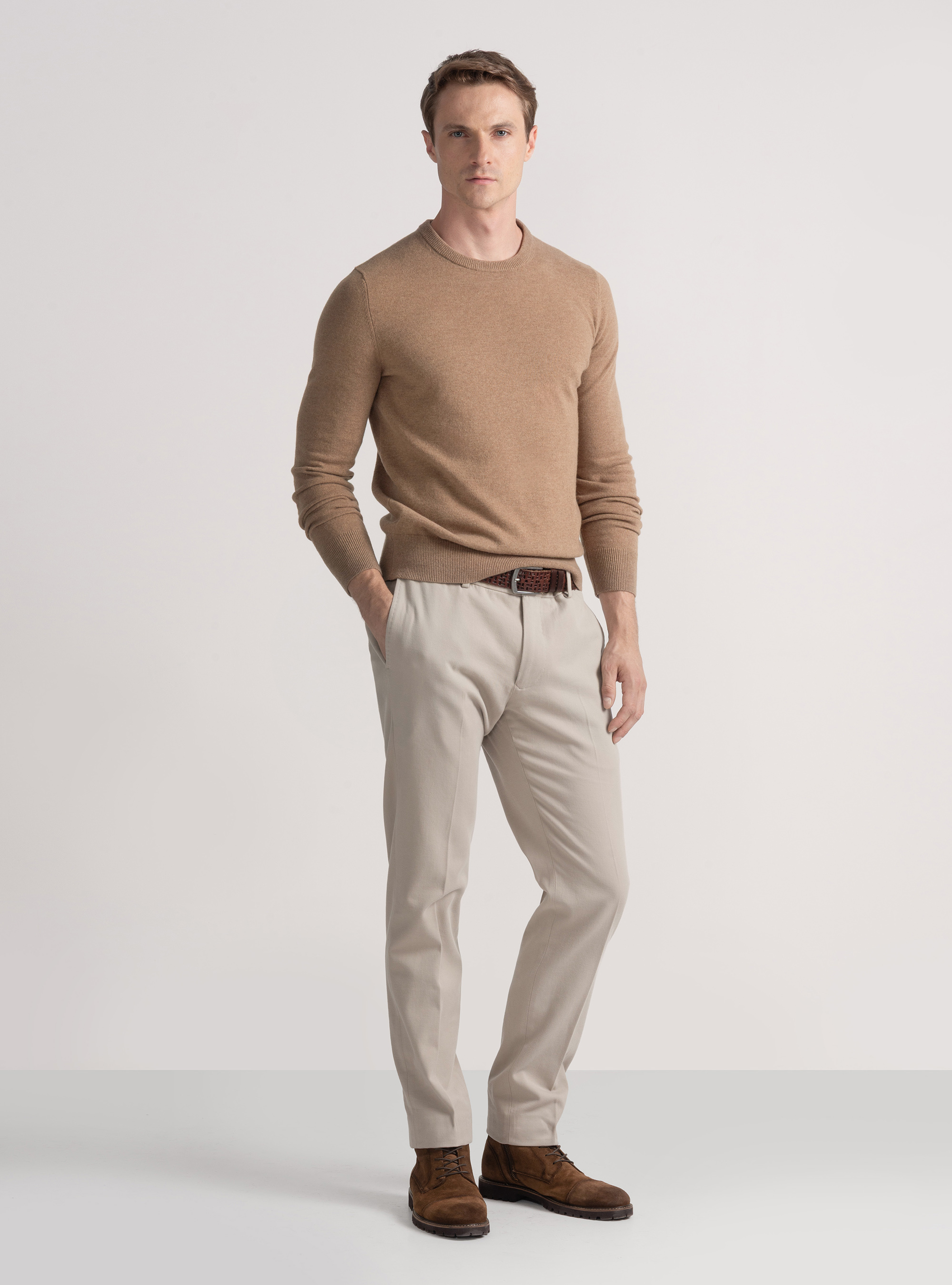 Maglia girocollo in lana lambswool e cashmere, CAMMELLO 0570C