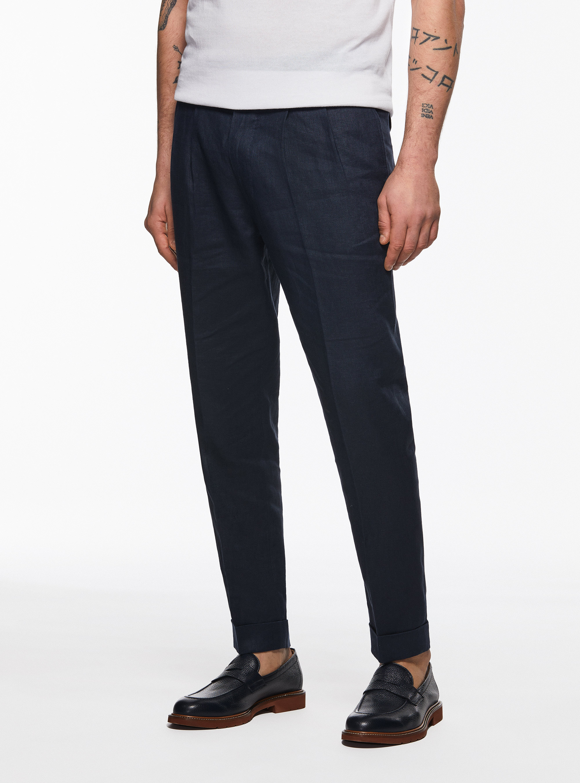 Pantalon &agrave; double couture en pur lin, BLEU MARINE