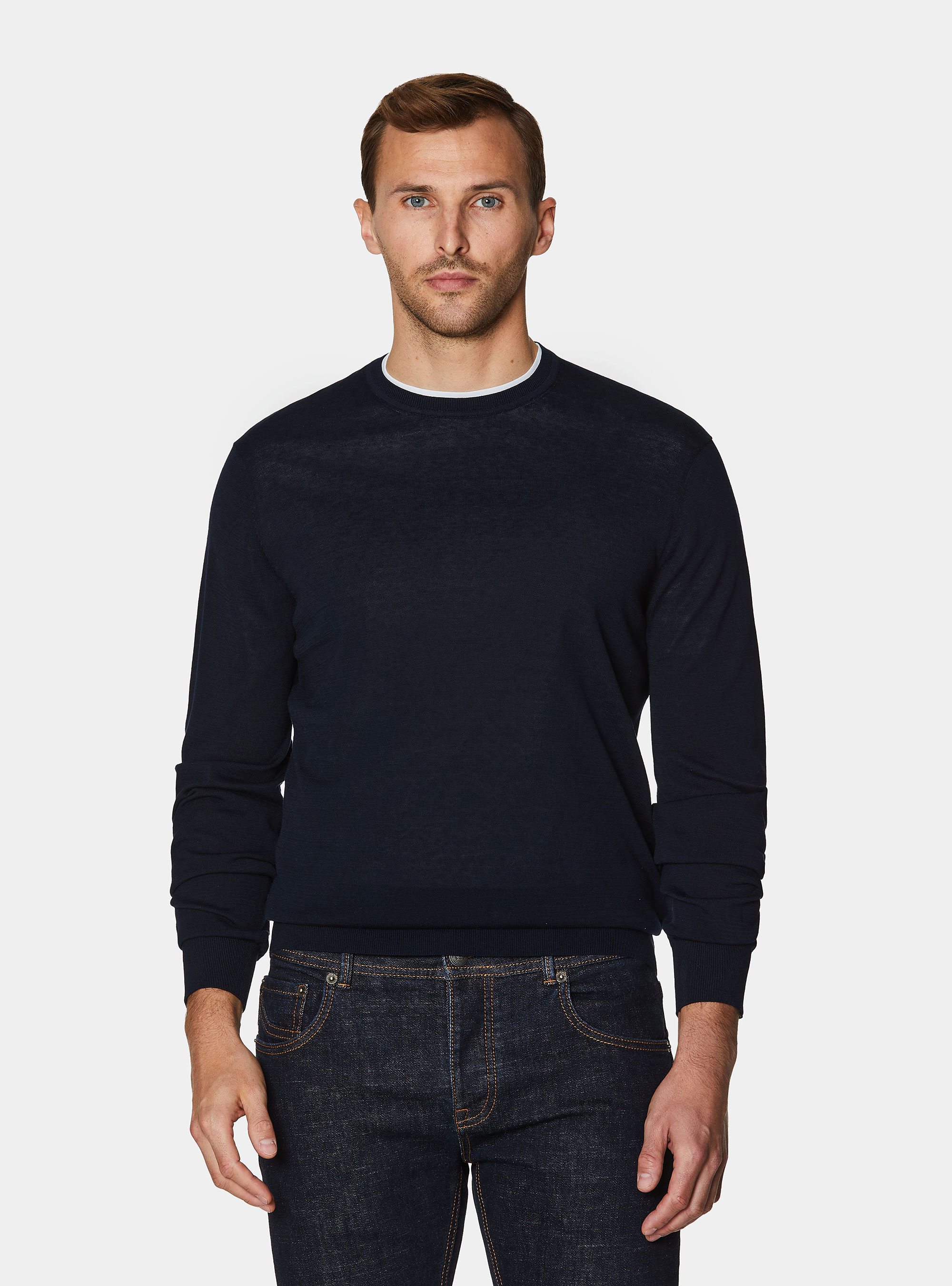 Rundhals-Pullover aus Baumwolle und Seide, NAVY 0218C
