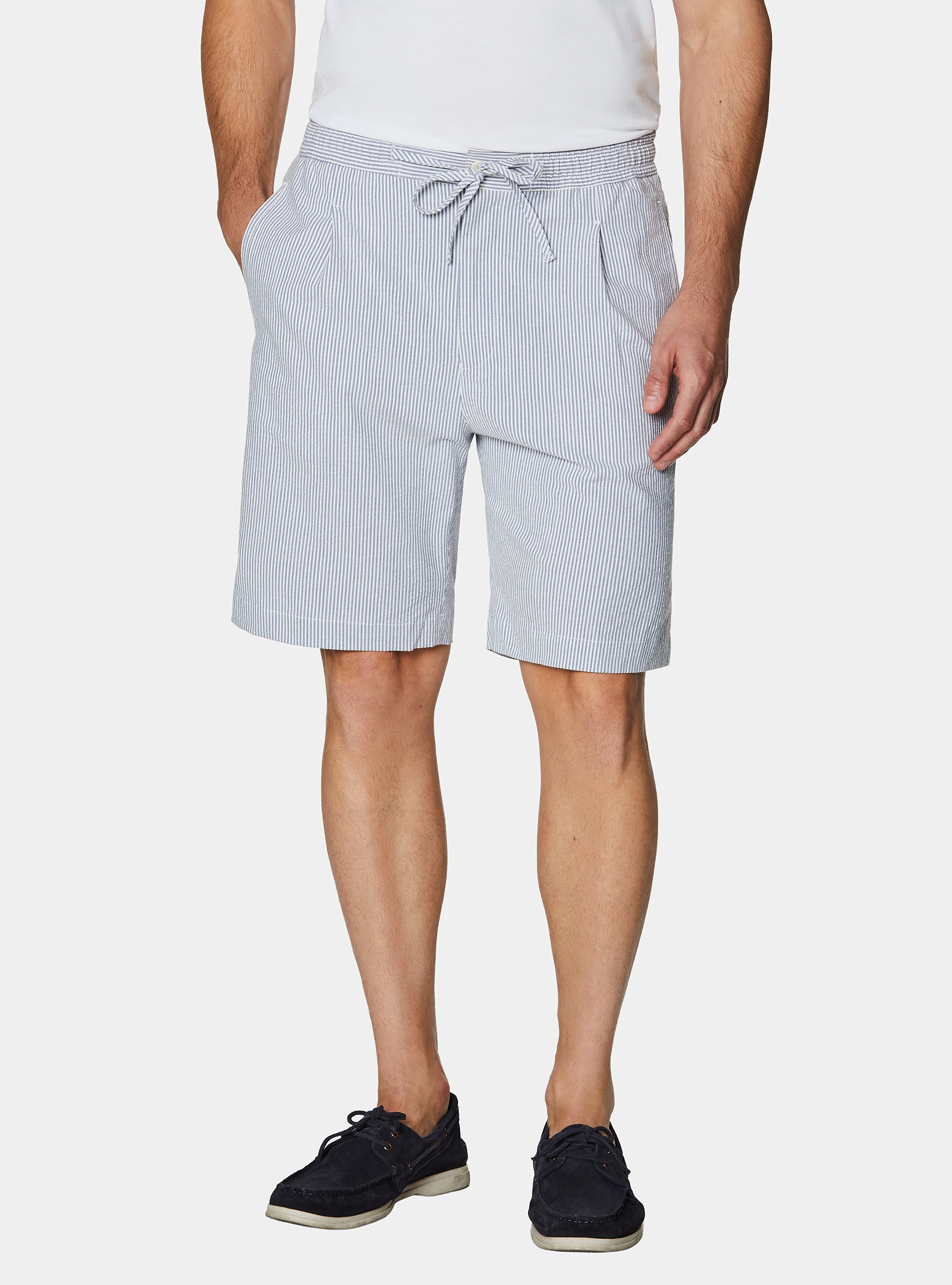 Stretch seersucker cotton Bermuda shorts with drawstring, BLUE
