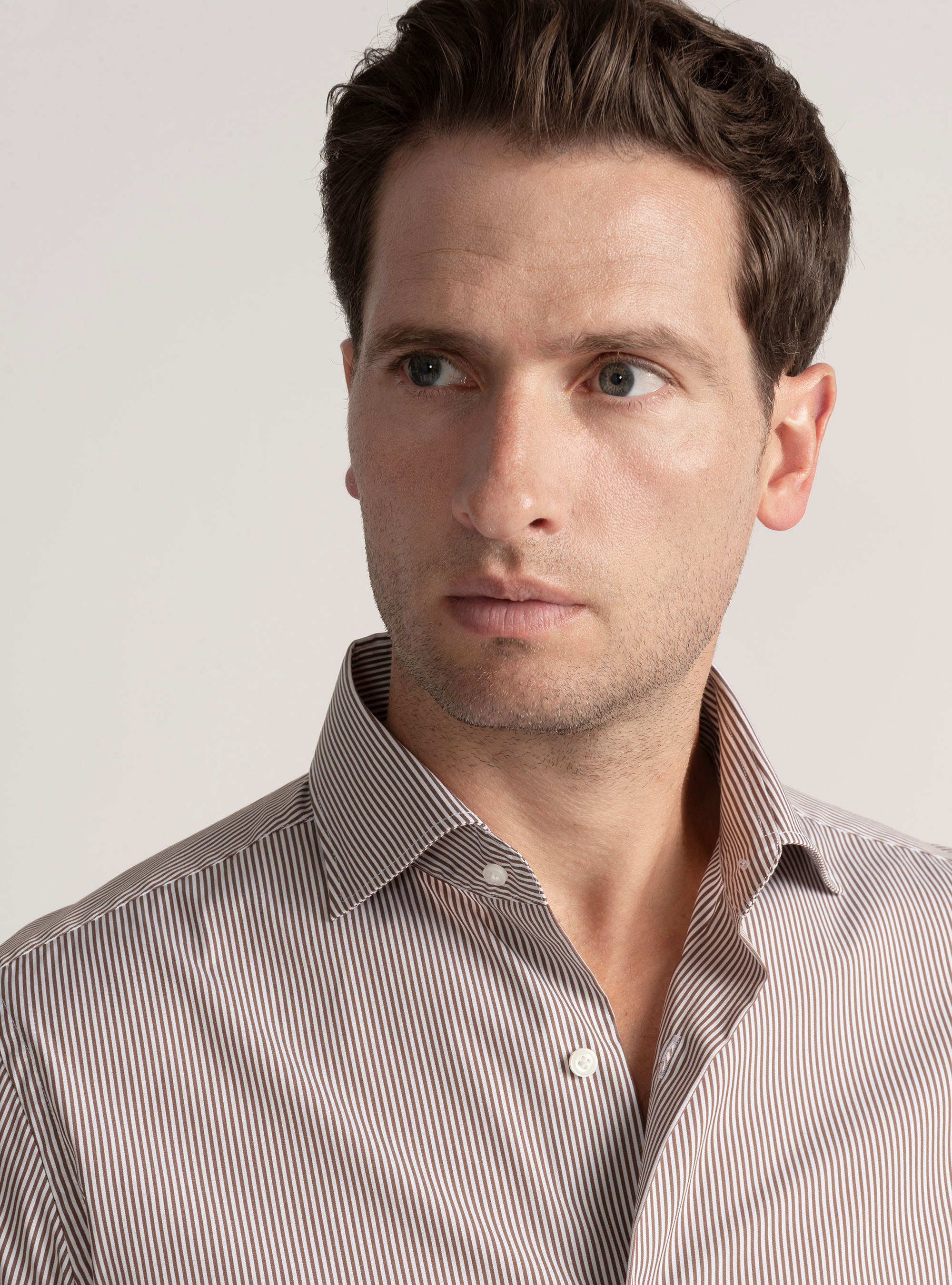 Striped cotton poplin stretch shirt, BROWN