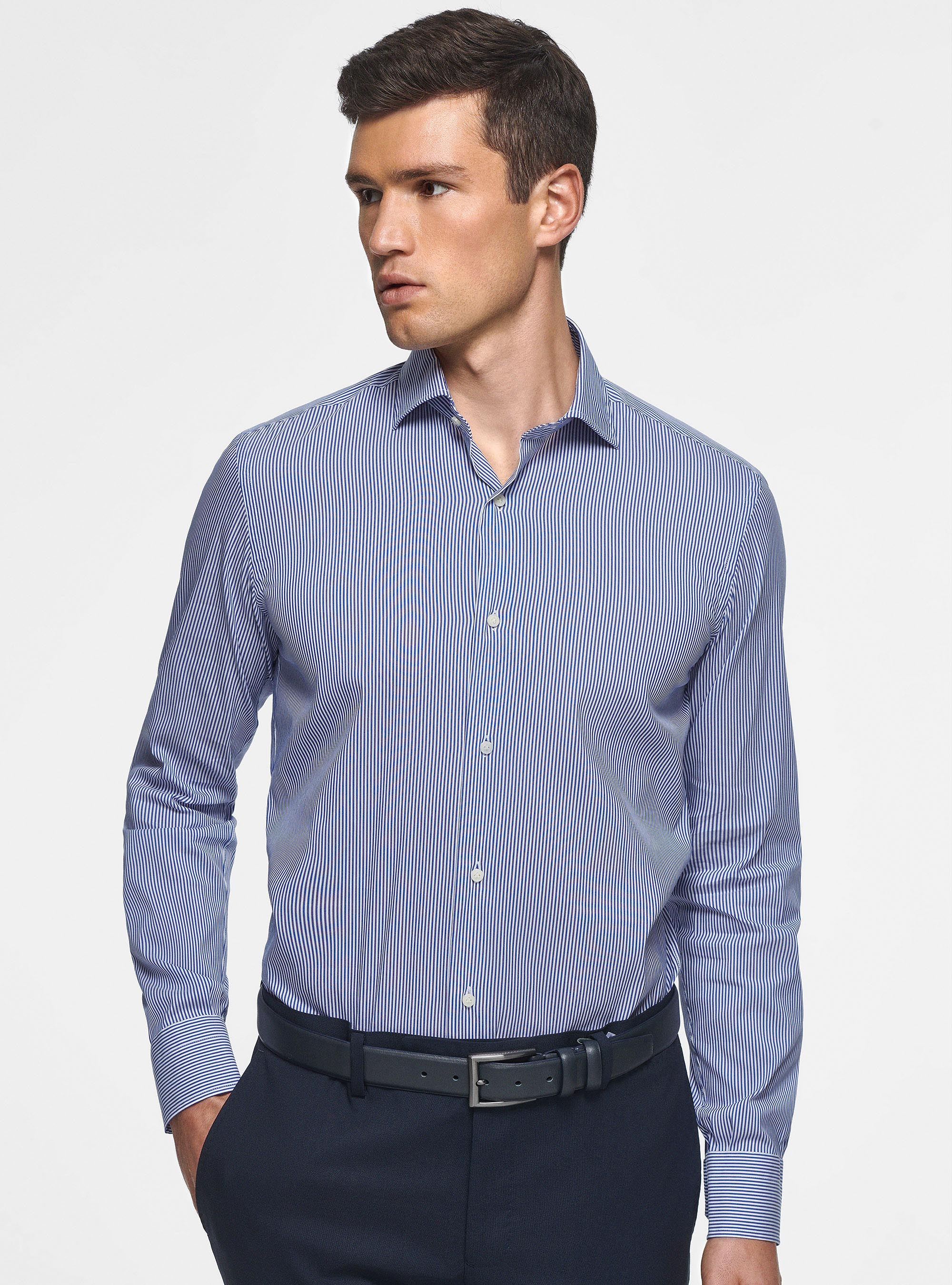 Chemise &agrave; rayures en popeline stretch, BLEU