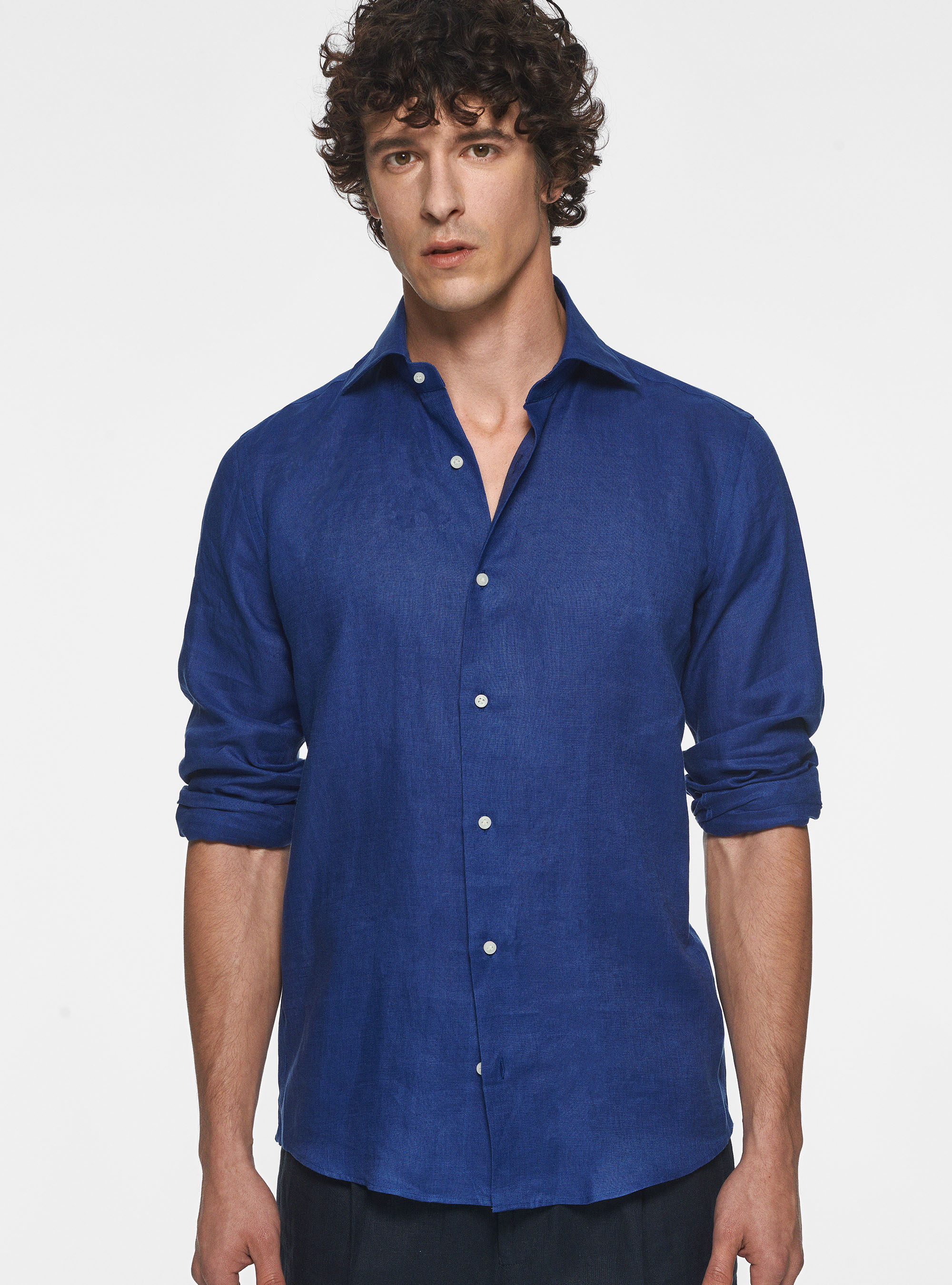 Italian collar shirt in pure linen, BLUE