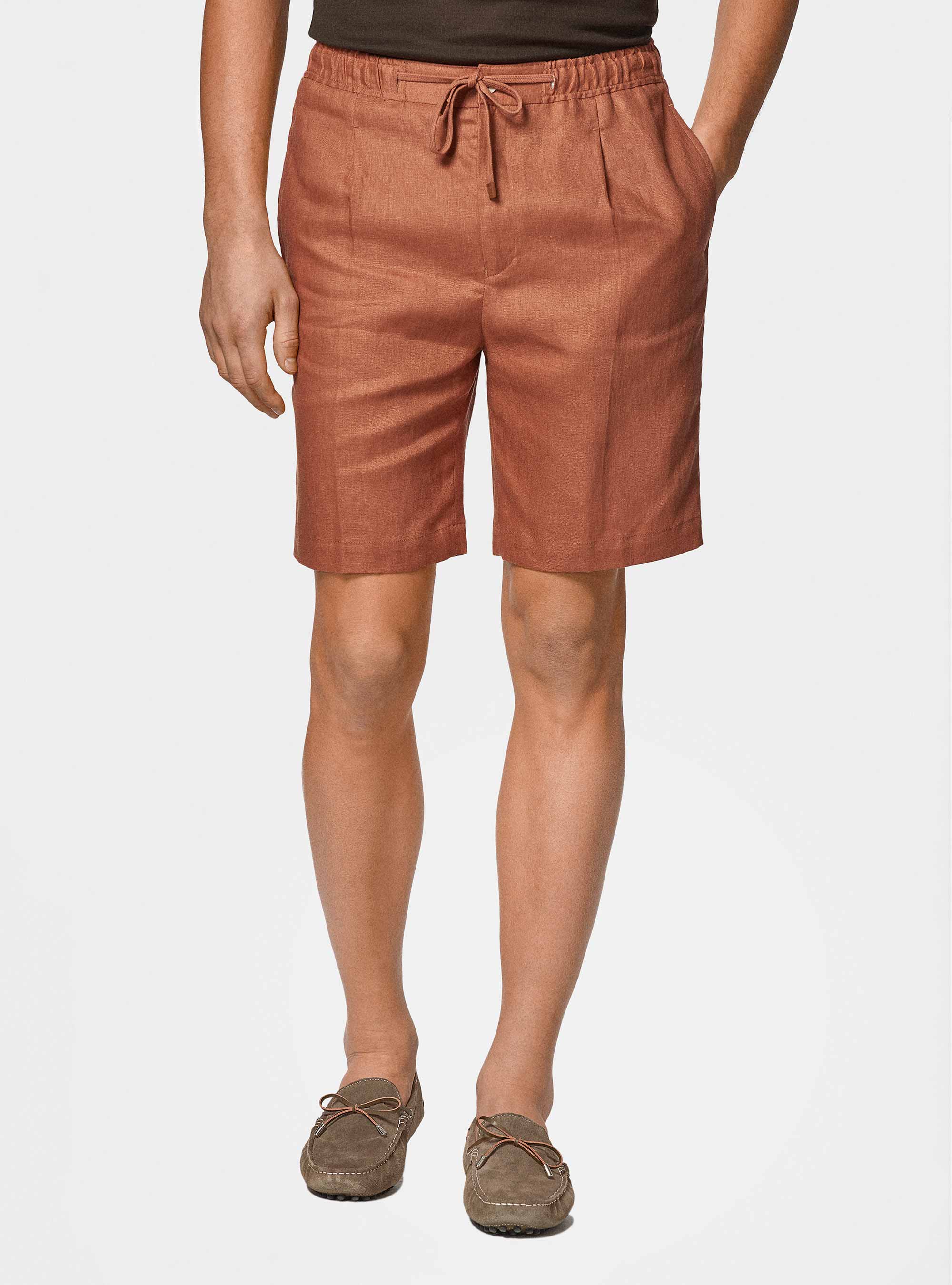 Pure linen bermuda shorts with elastic band, ROSA SALMONE 0468C