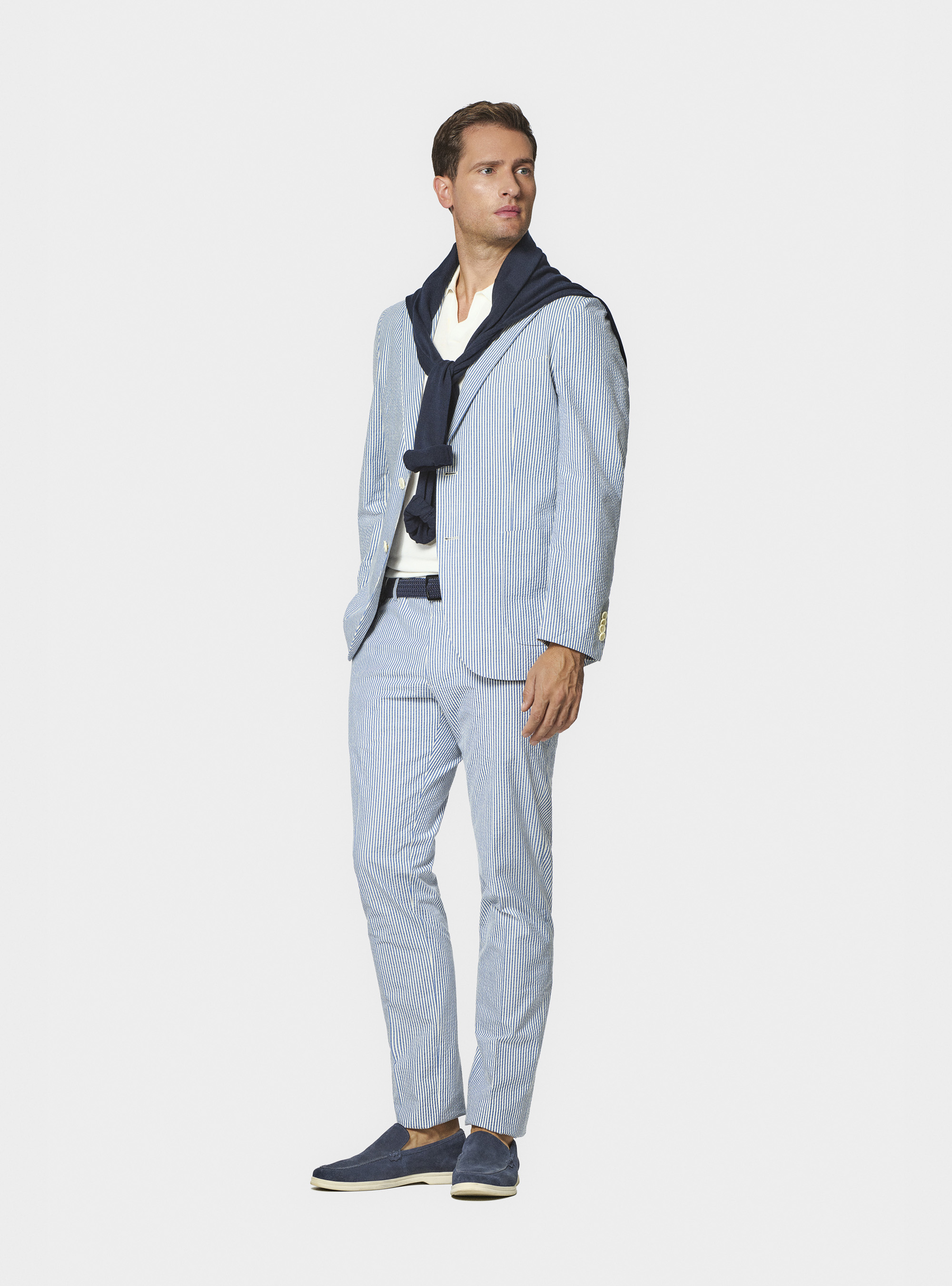 Striped blazer in seersucker cotton, BLUE