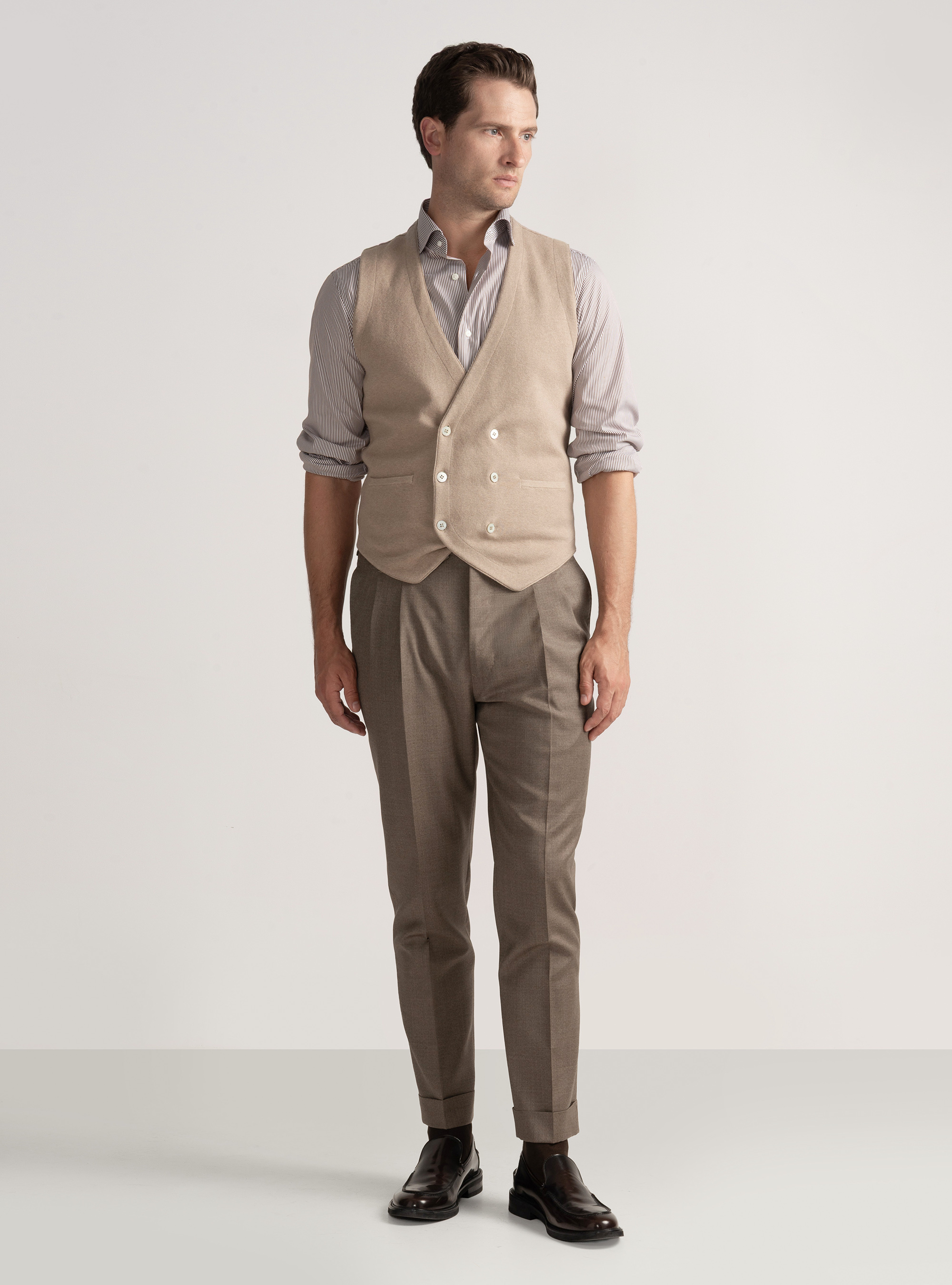 Double-breasted cotton and cashmere knit gilet, SAND