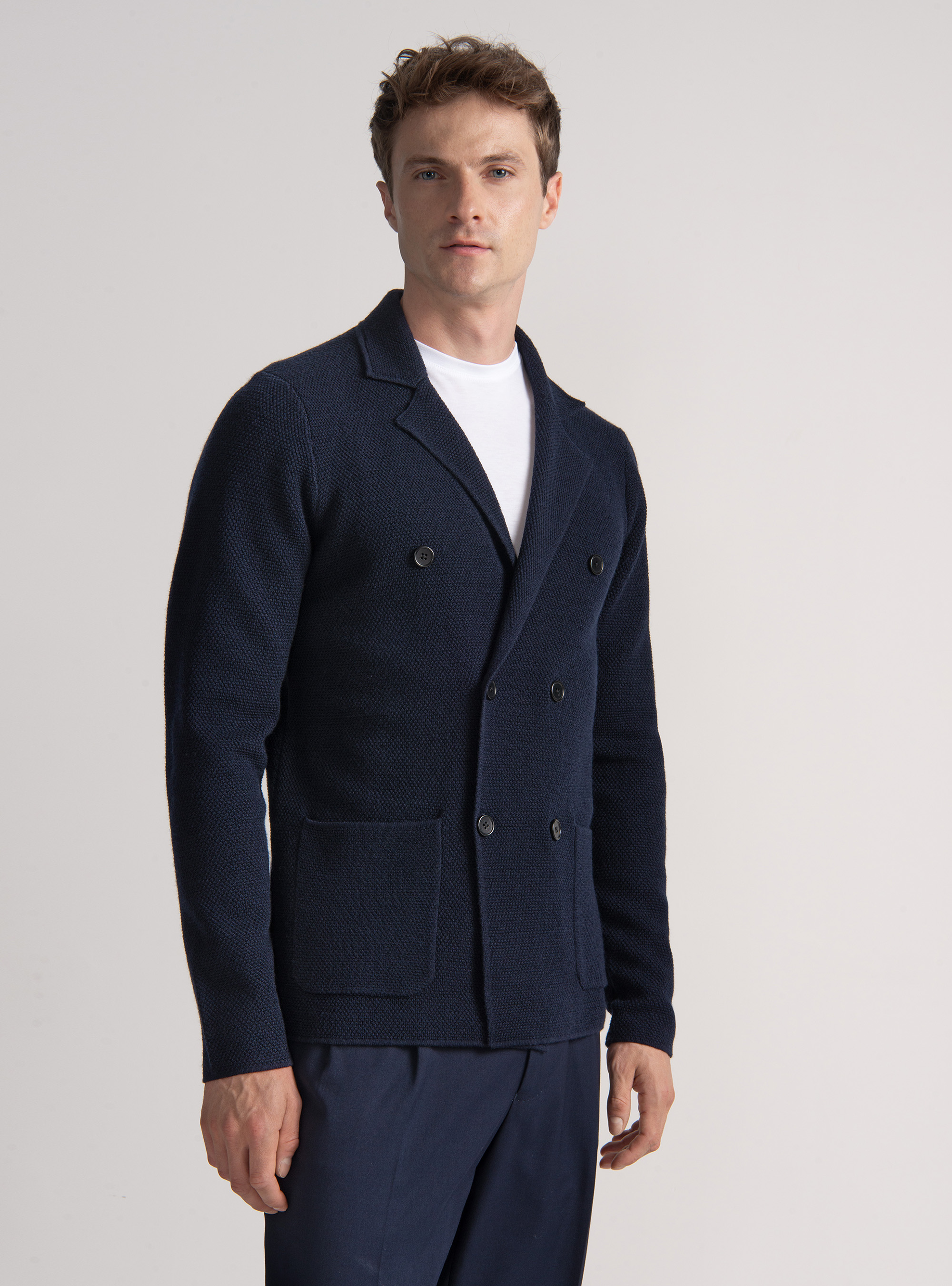 Merino wool double-breasted knitted jacket, NAVY BLUE