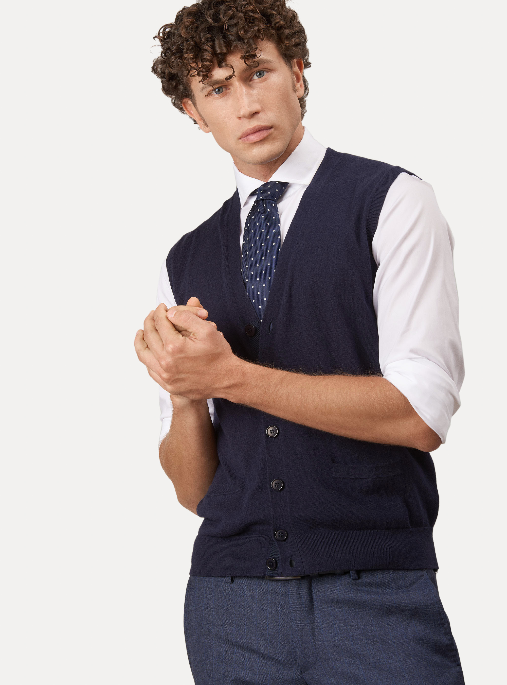 Cotton silk and cashmere knitted waistcoat, NAVY BLUE