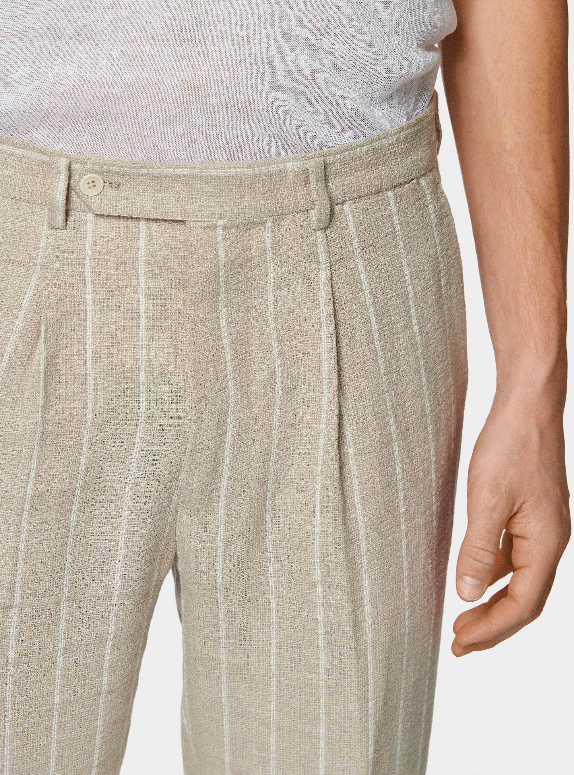 Pantalon de costume &agrave; rayures en cr&ecirc;pe de lin pur, SABLE