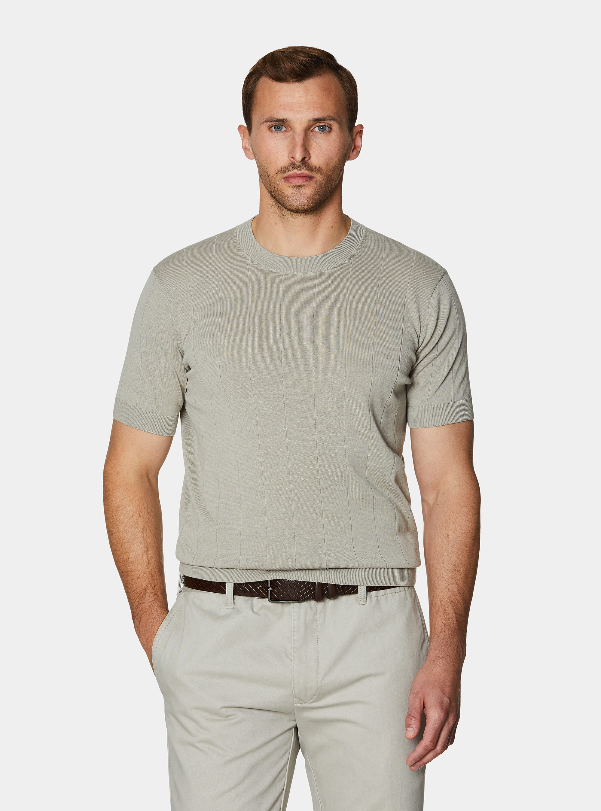 Pure cotton flat-ribbed sweater, SAND
