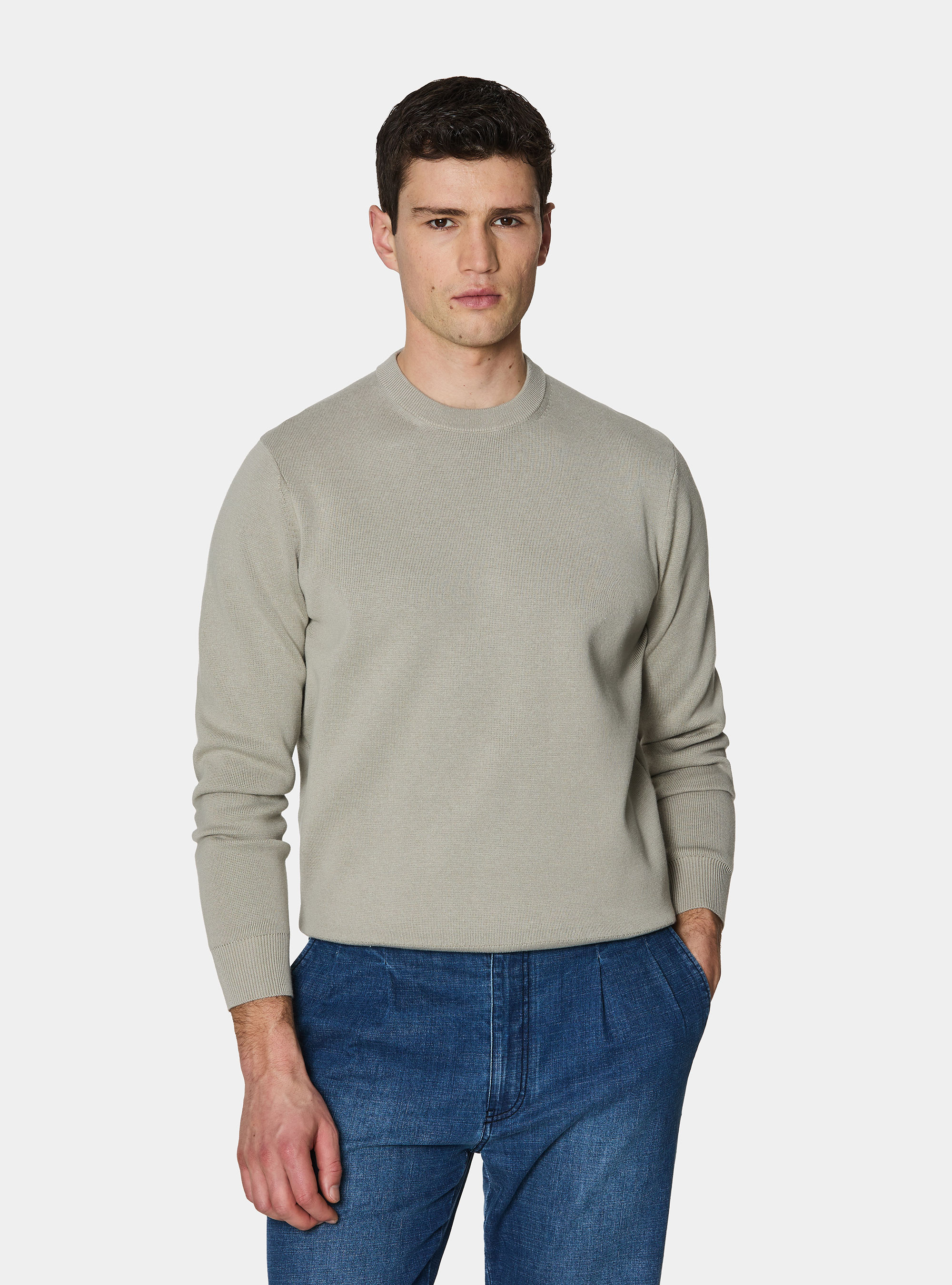 Cotton blend crew neck sweater, SAND