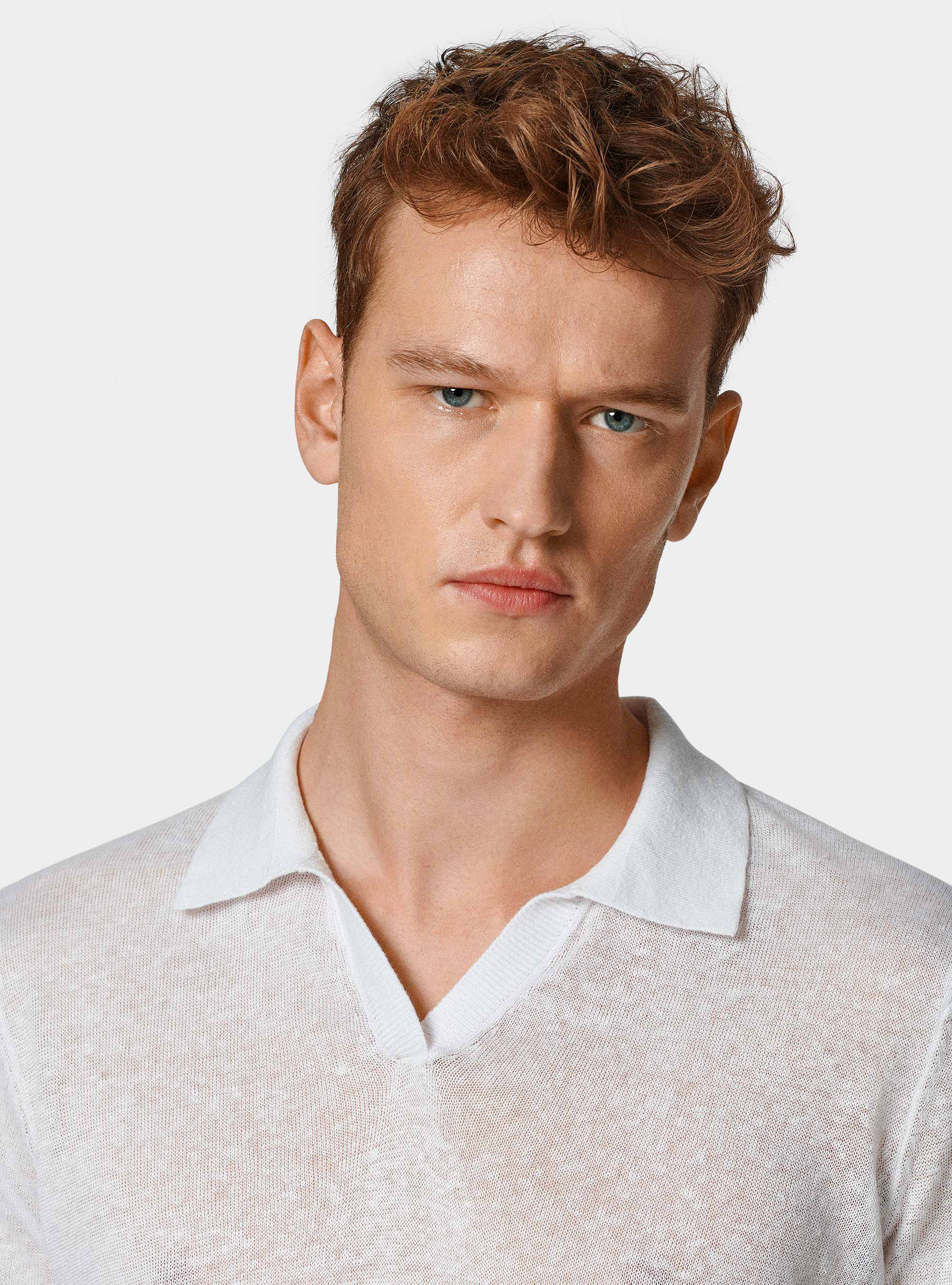 Buttonless knitted polo shirt in pure linen, WHITE
