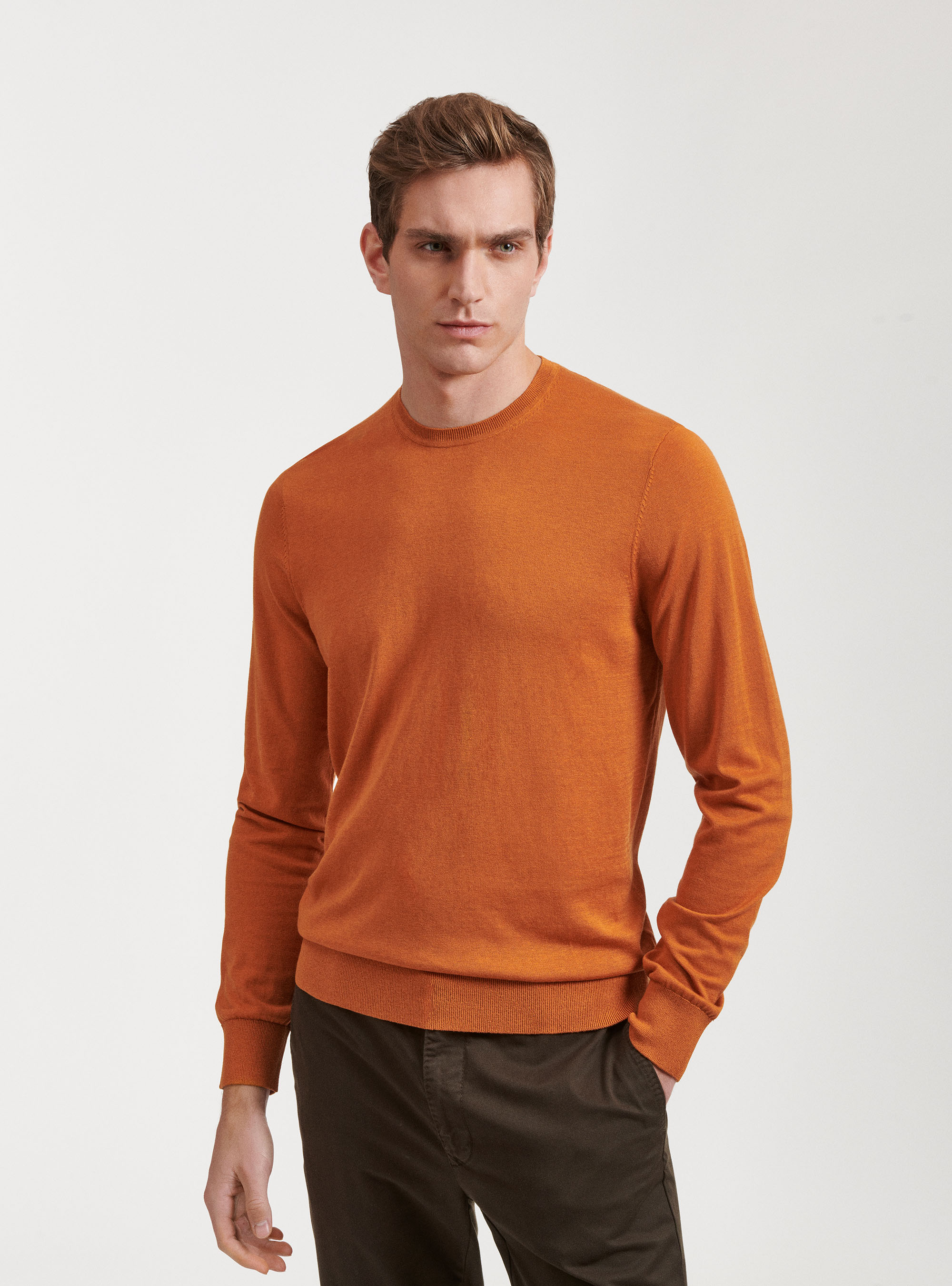 Silk and cotton crew-neck sweater, ORANGE