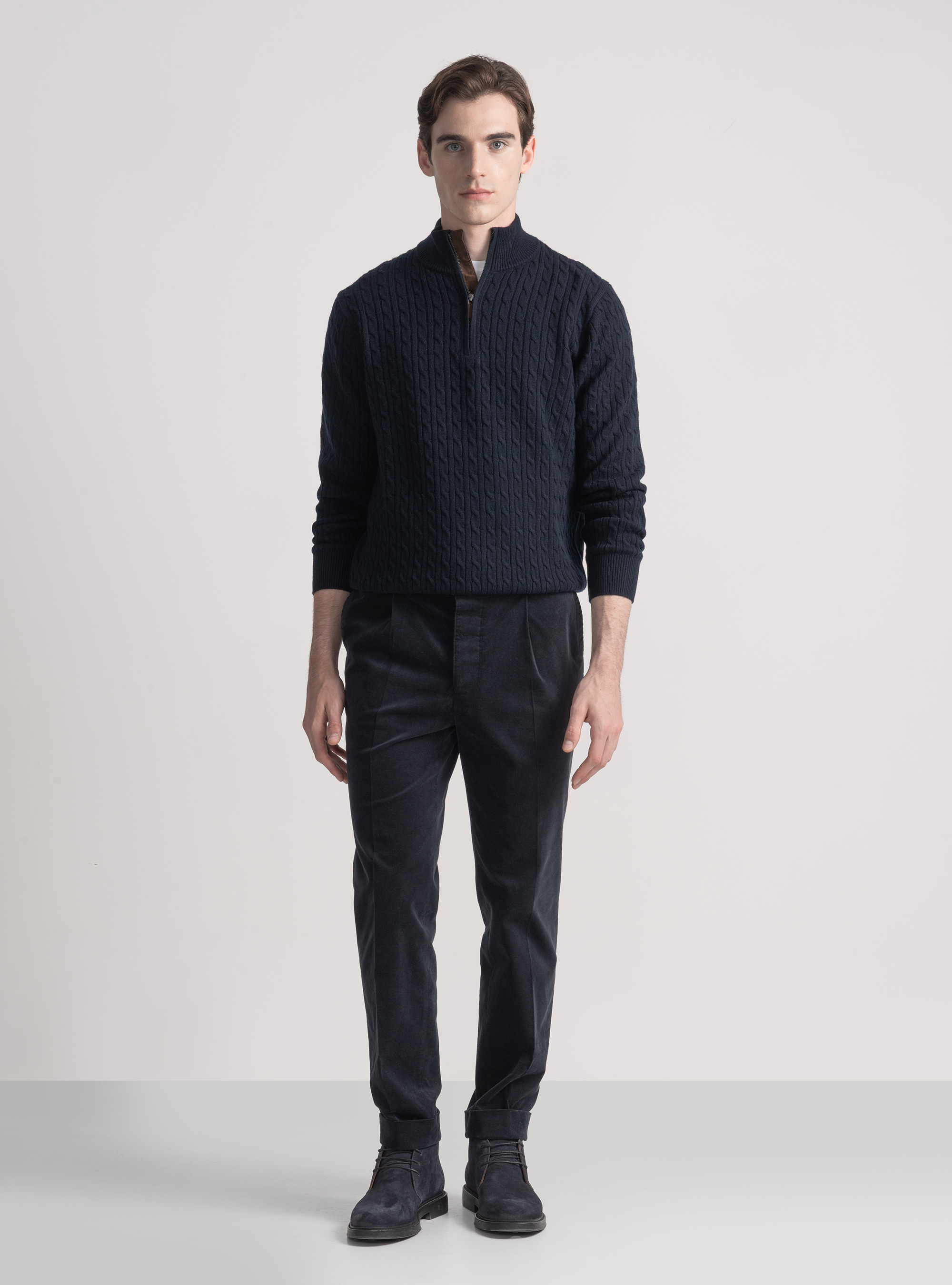 Maglia con collo mock e treccia in misto lana, BLU NAVY