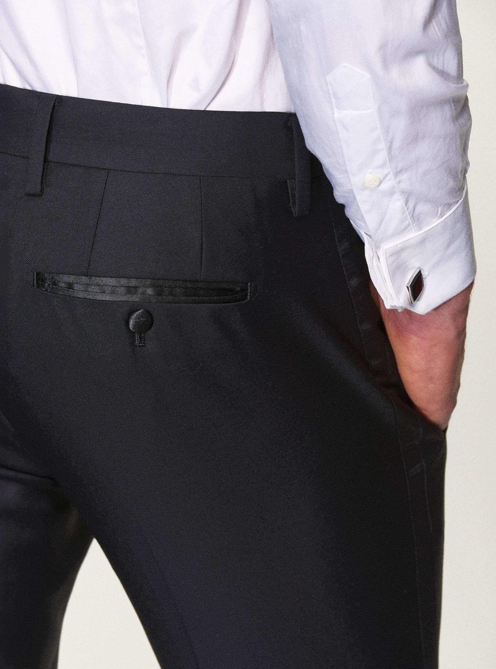 Pure superfine wool 110's Vitale Barberis Canonico tuxedo trousers, BLACK