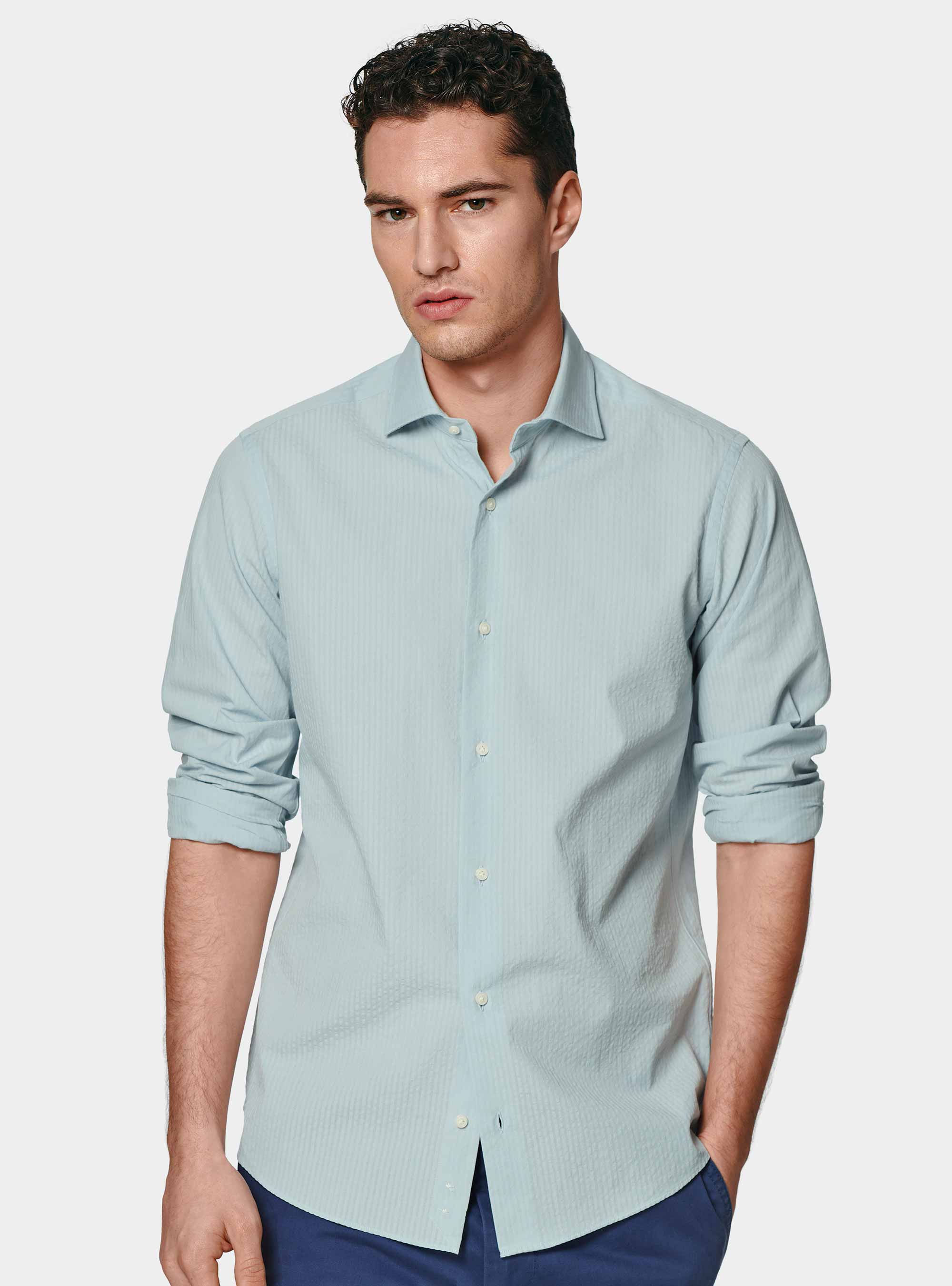 Camicia in puro cotone seersucker, AZZURRO