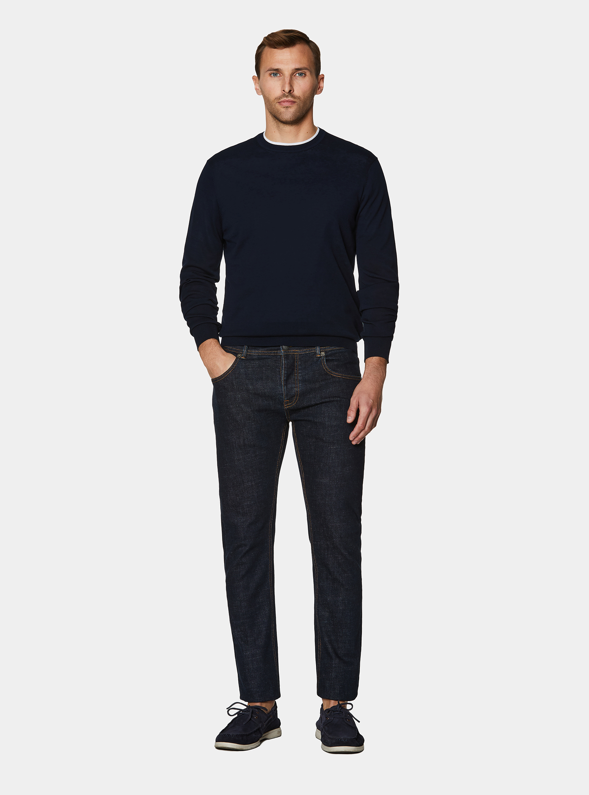 Rundhals-Pullover aus Baumwolle und Seide, NAVY 0218C