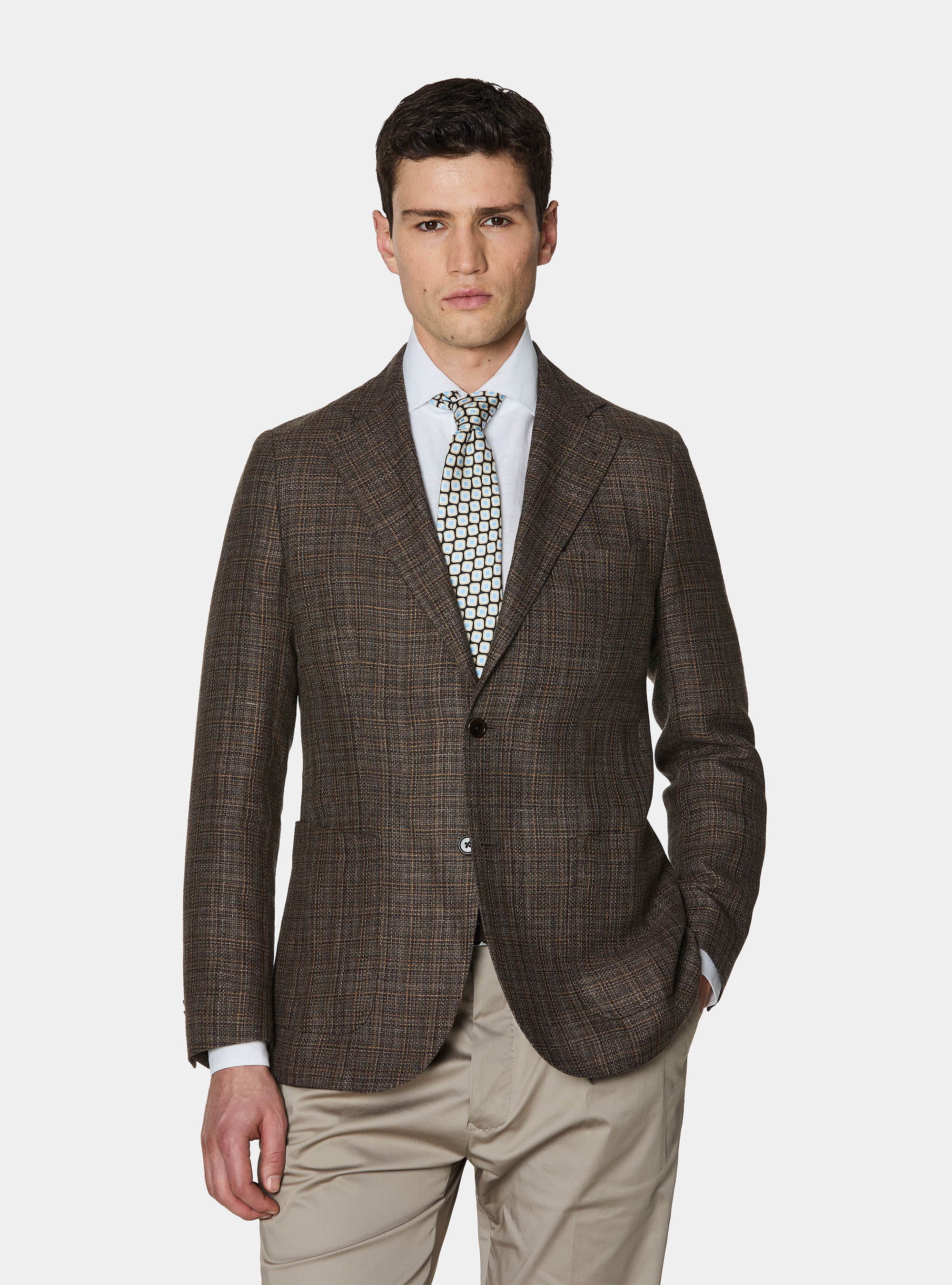 Patterned blazer in linen and wool, BROWN