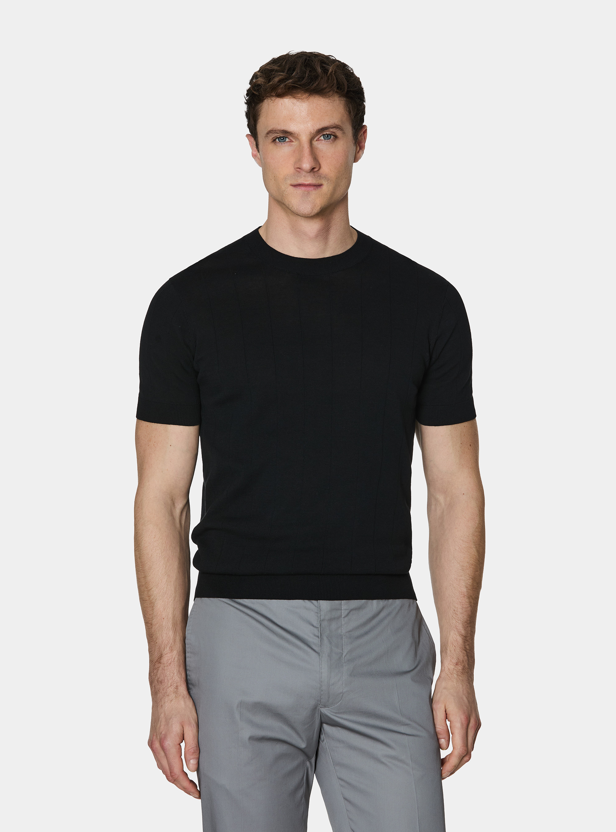 Pure cotton flat-ribbed sweater, BLACK