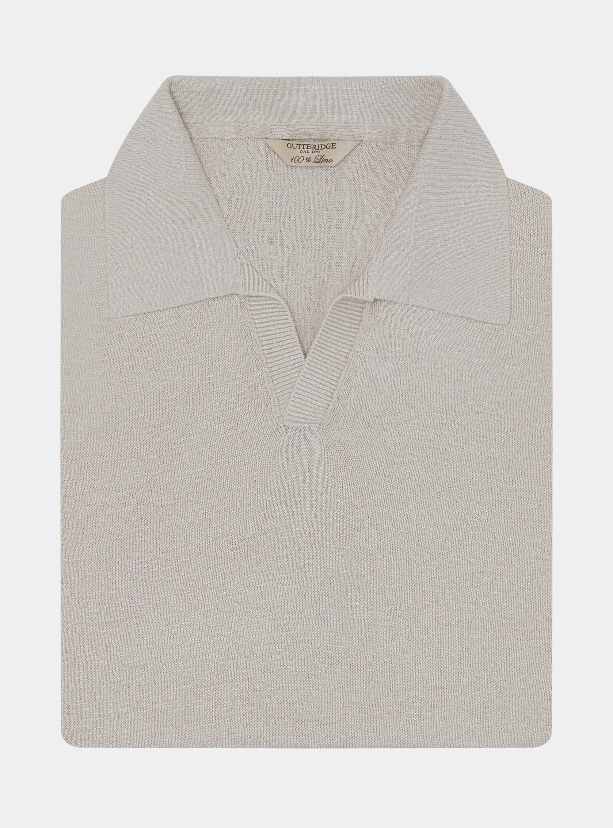 Buttonless knitted polo shirt in pure linen, ECRU