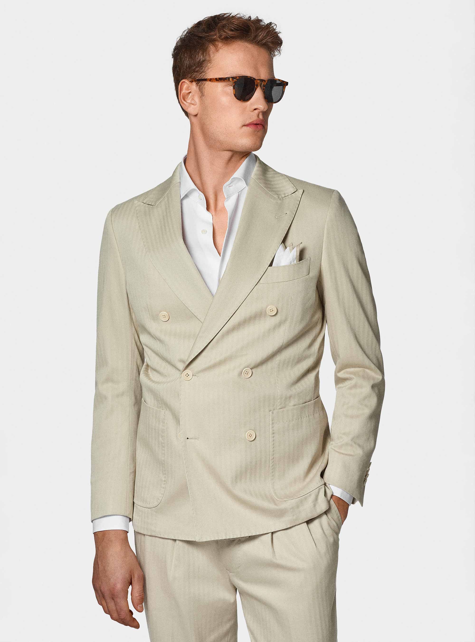 Double-breasted cotton and linen suit blazer, ECRU