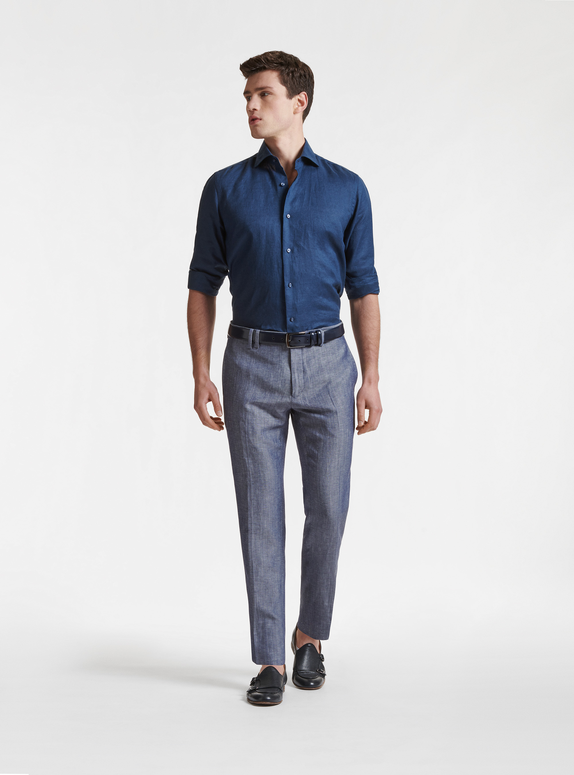 Chemise en pur lin &agrave; col semi-fran&ccedil;ais, BLEU MARINE