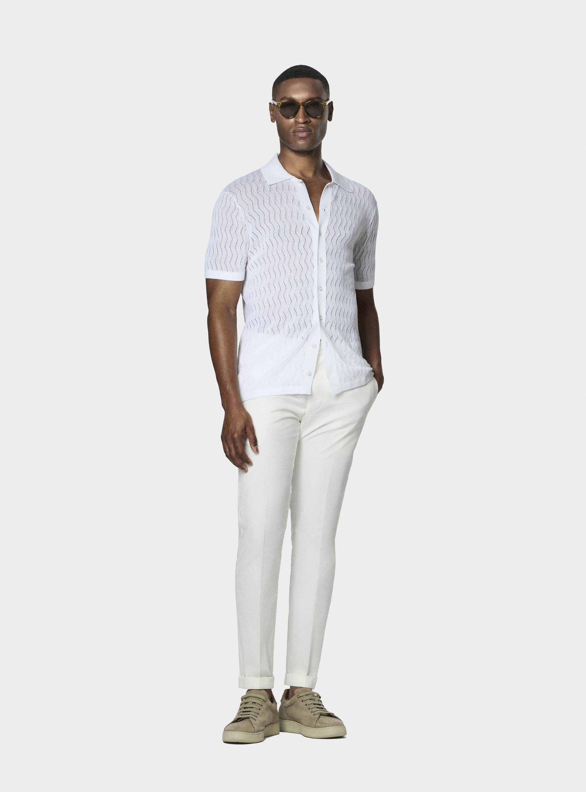 Cotton and silk perforated knit polo shirt, WHITE