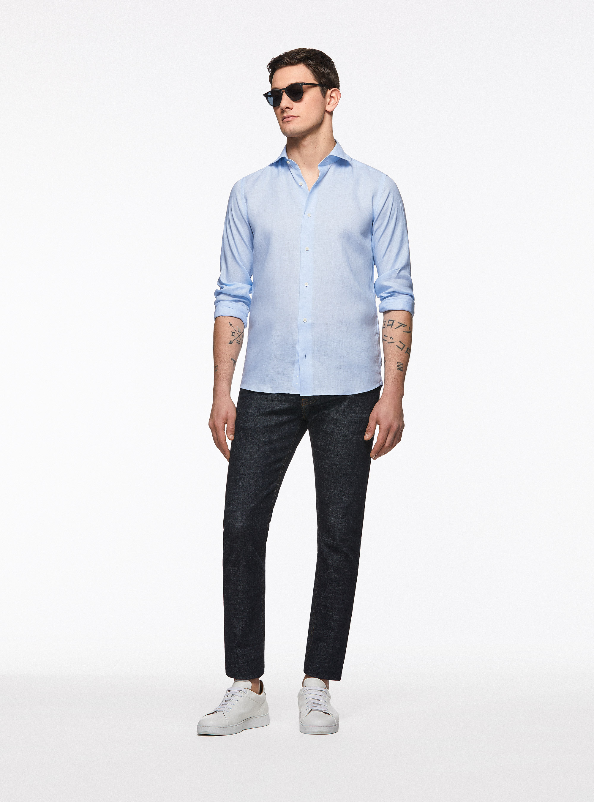 Camicia in puro lino con collo semi francese, AZZURRO
