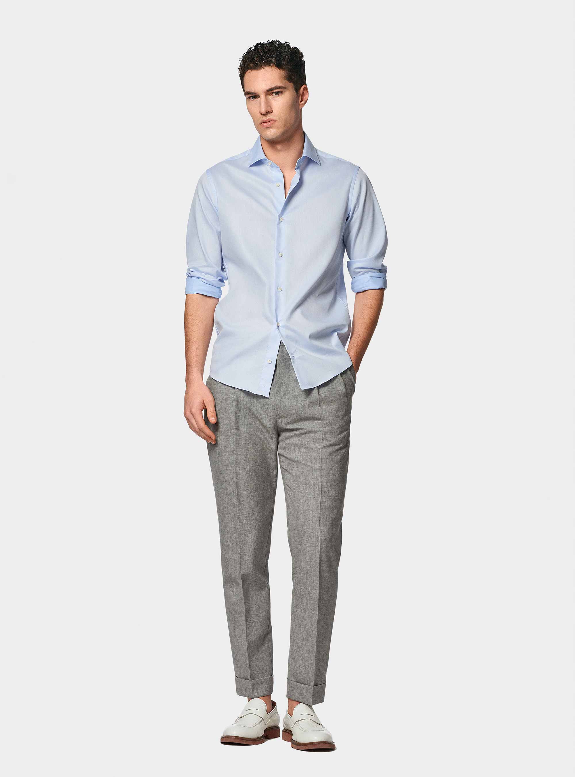 Camicia in puro cotone operato, AZZURRO