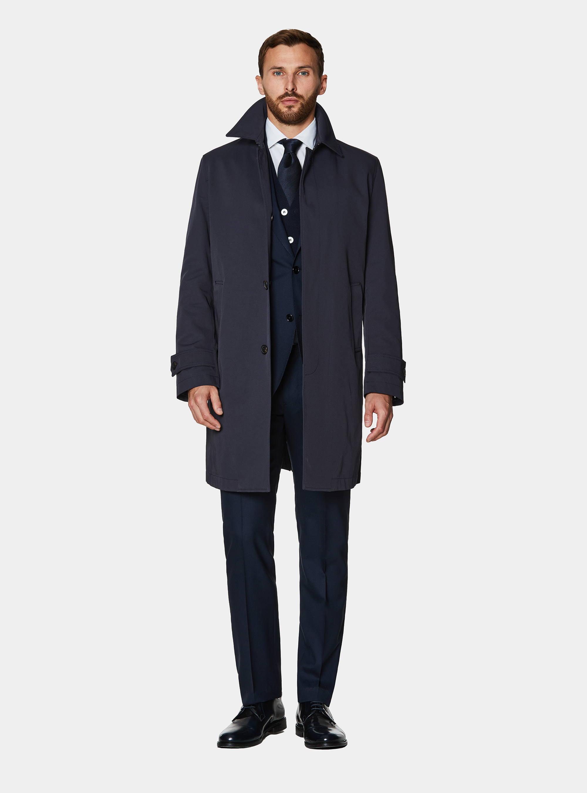Single-breasted raincoat in cotton blend, NAVY BLUE
