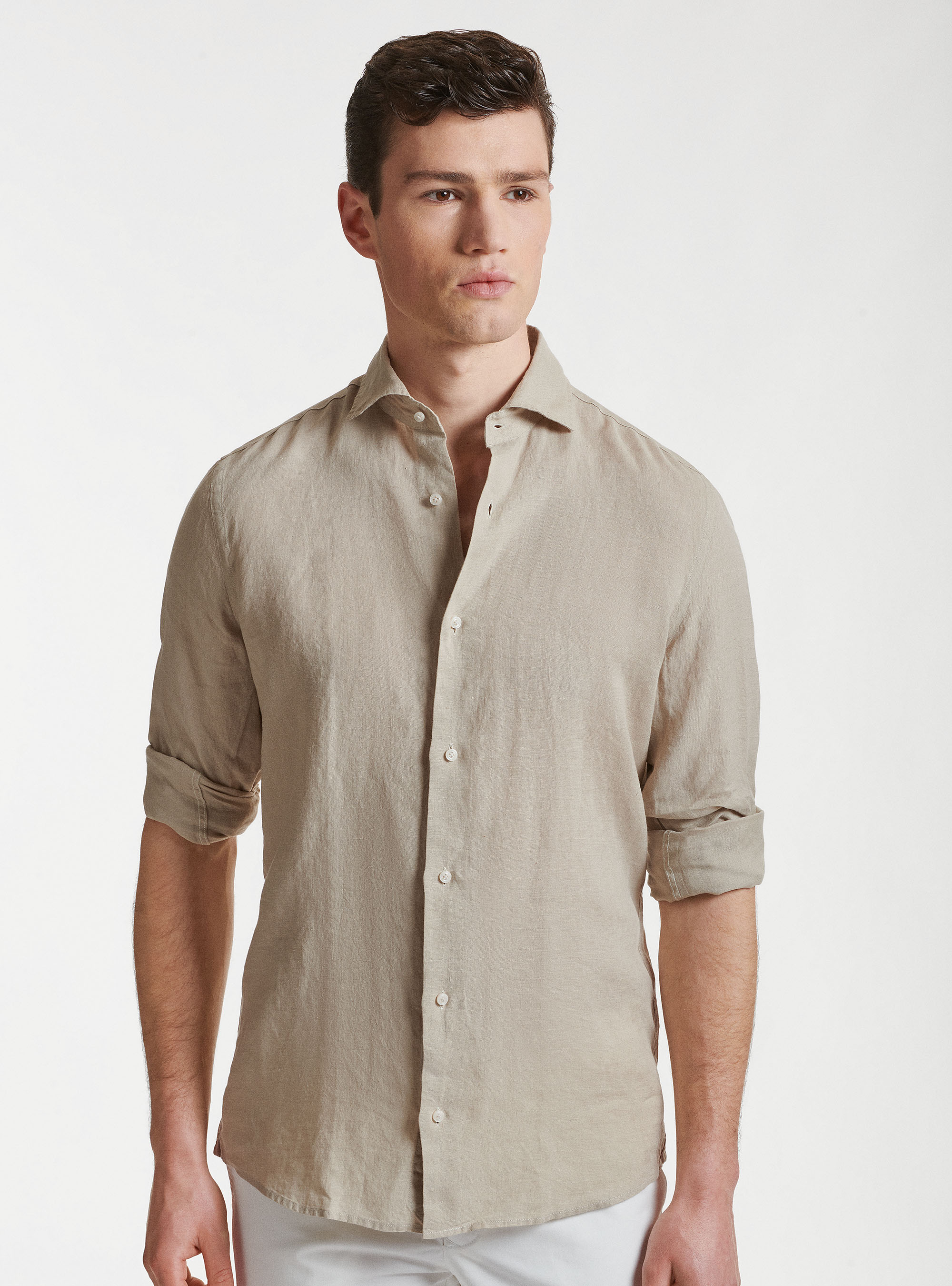 Camicia collo semi francese in puro lino, SABBIA