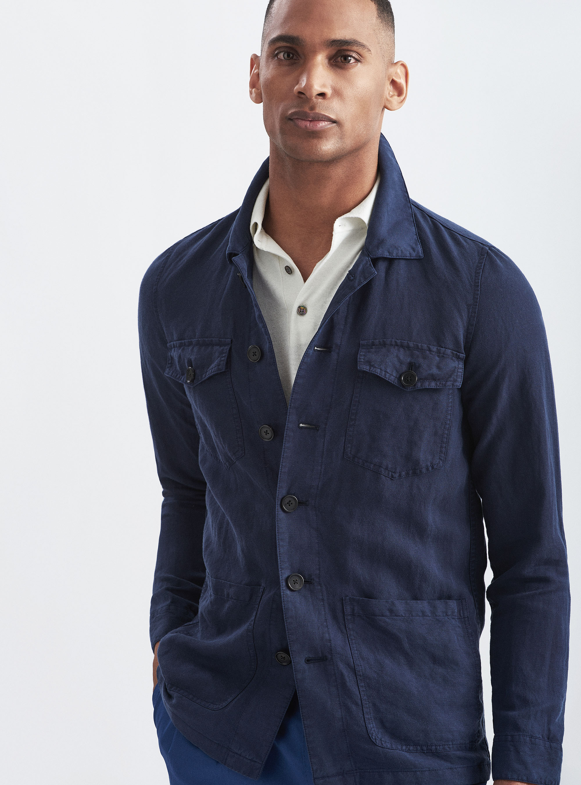 Linen blend shirt blazer, NAVY BLUE