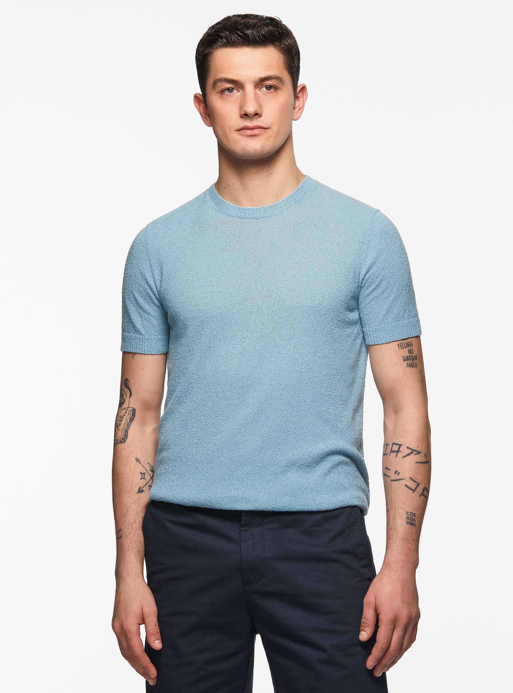 Pull &agrave; col rond en coton boucl&eacute; m&eacute;lang&eacute;, BLEU CIEL