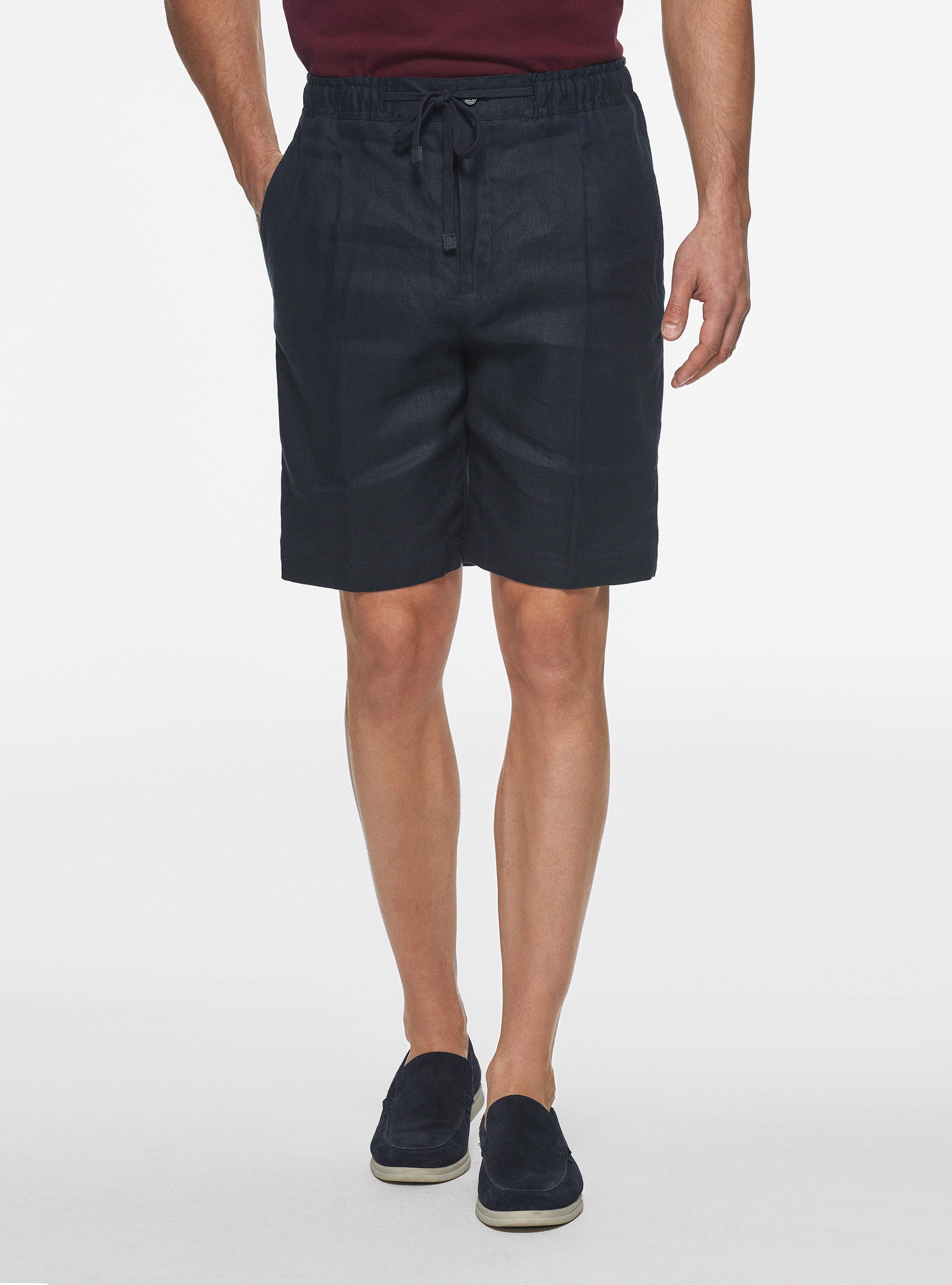 Linen Bermuda shorts with elastic and drawstring, NAVY BLUE